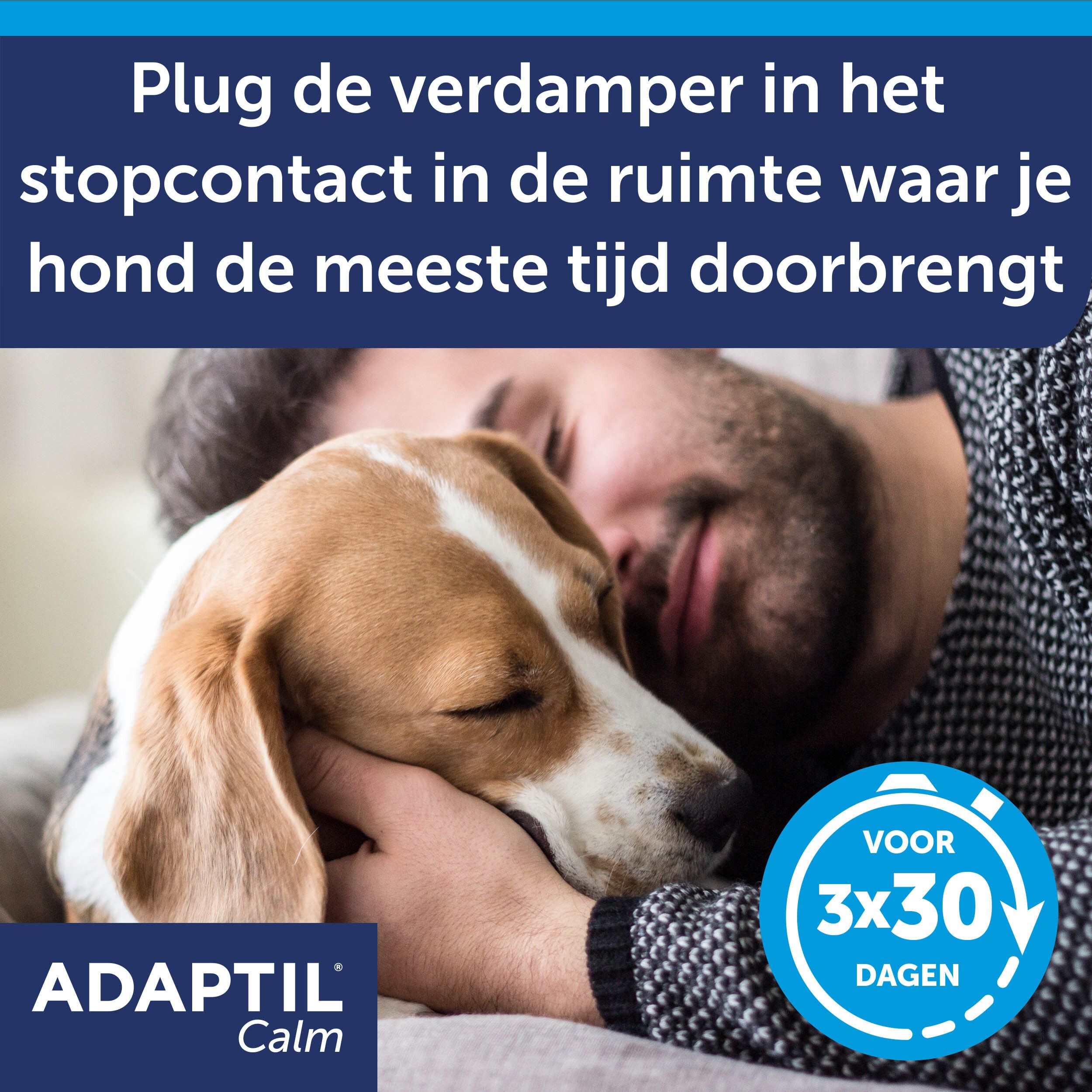 Man omhelst hond. Tekst: Plug de verdamper in het stopcontact. ADAPTIL Calm.