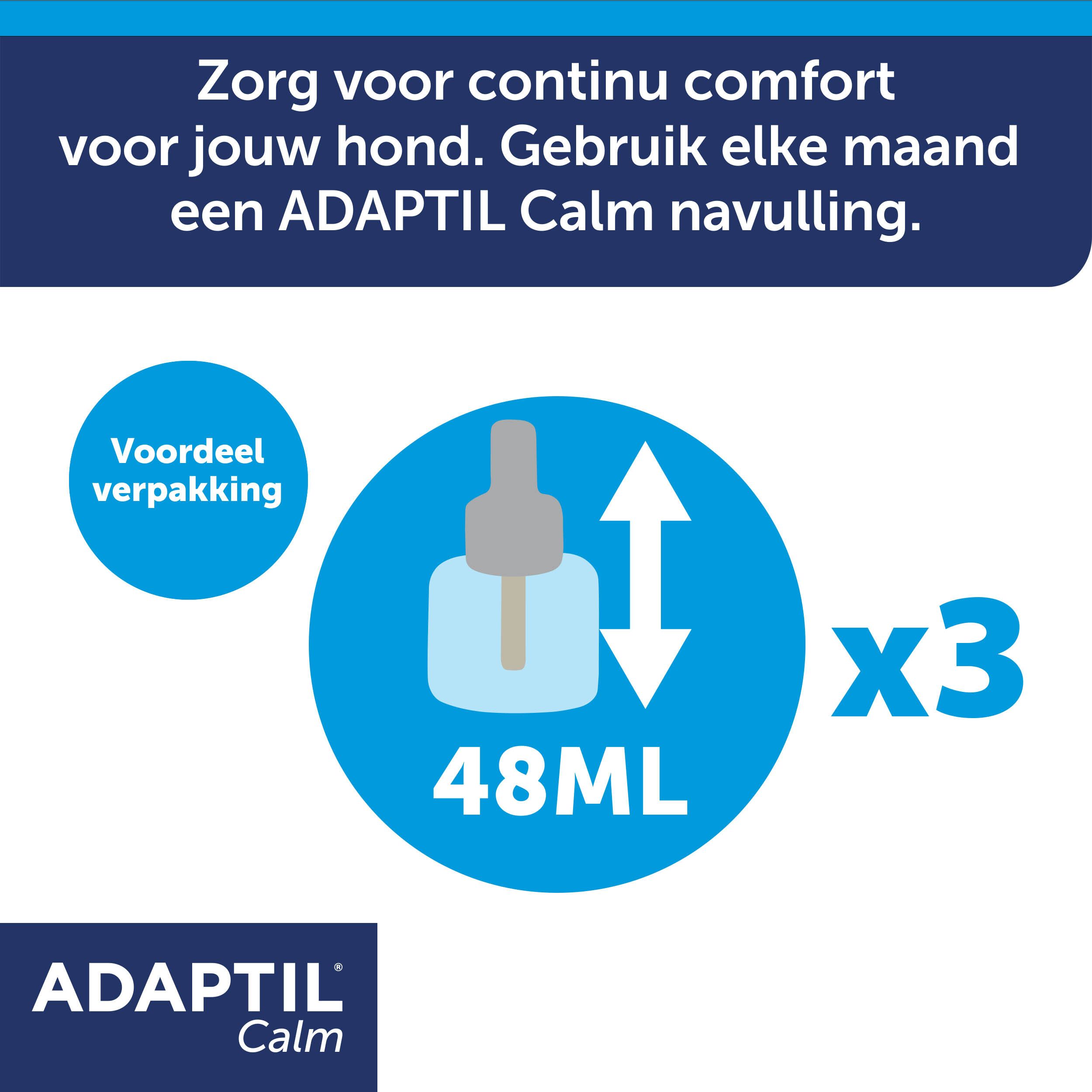 ADAPTIL Calm flacon. Tekst: Zorg voor continu comfort voor jouw hond. 48 ml.
