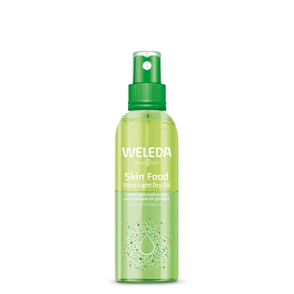 Grüne Sprühflasche mit WELEDA-Logo und Skin Food-Aufschrift. Enthält Trockenöl. Sprühkopf grün.