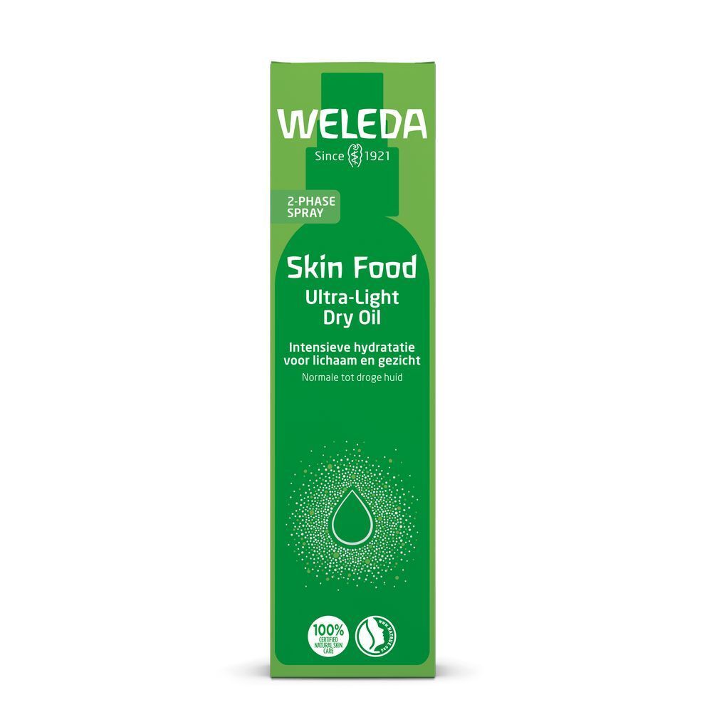 Grüne Verpackung mit WELEDA-Logo und Skin Food-Aufschrift. Enthält Trockenöl. Text in mehreren Sprachen.