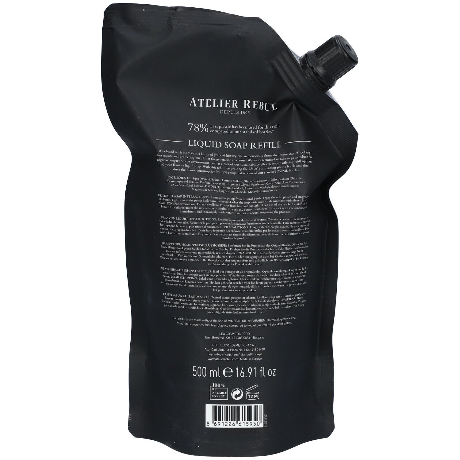 Achterkant van de zwarte navulverpakking. Tekst en productinformatie. Volume: 500 ml.