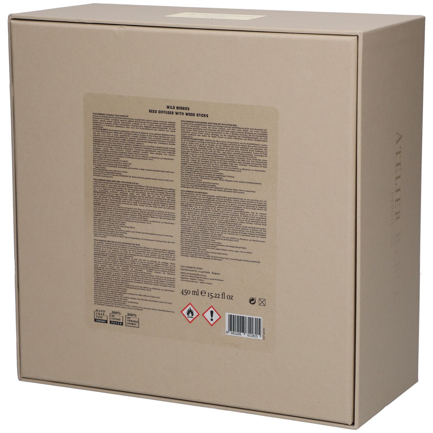 Rückseite der Kartonverpackung. Text mit Produktinformationen. Warnhinweise und Volumenangabe. ATELIER REBUL.