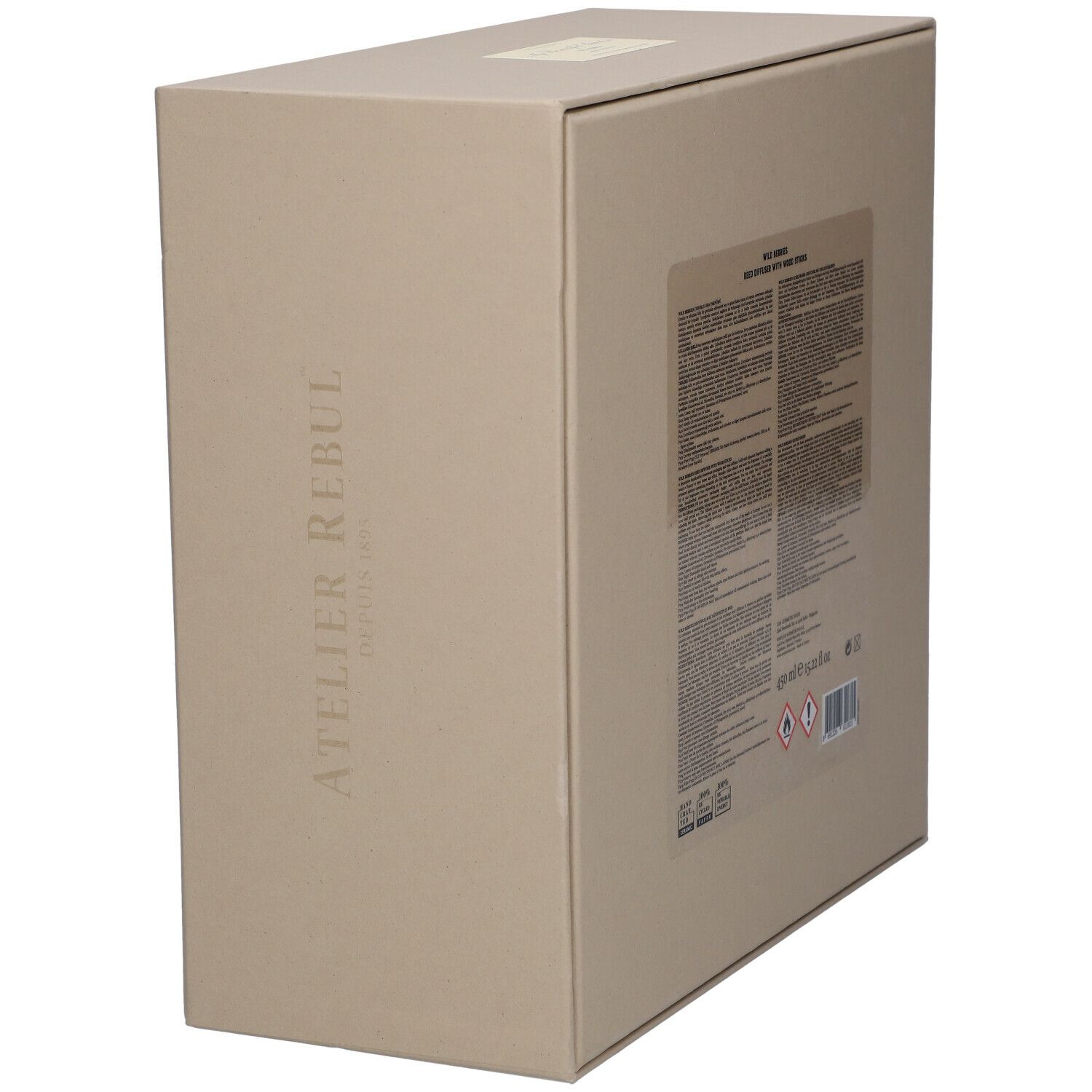 Kartonverpackung, Rückseite mit Text. Warnhinweise und Volumenangabe. ATELIER REBUL.