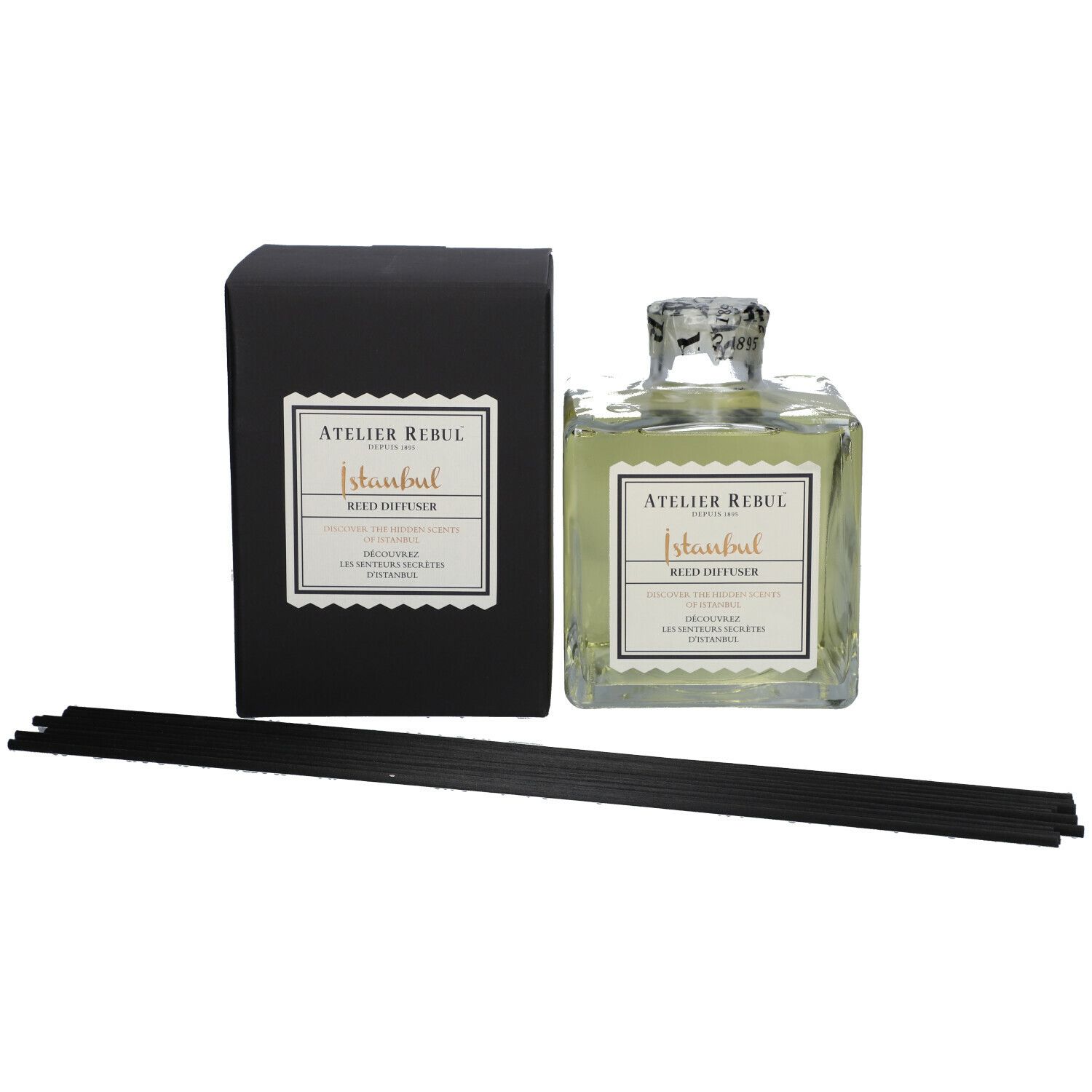 Glasdiffusor, schwarze Schachtel und Stäbchen. Aufschrift "Atelier Rebul Istanbul".