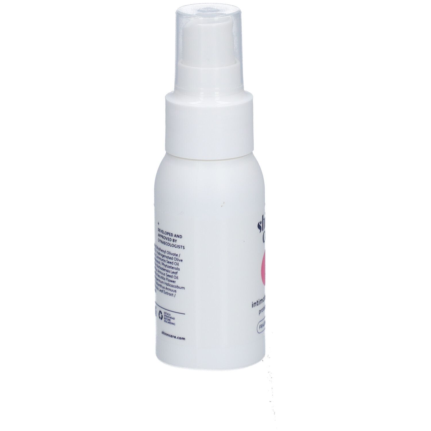 Weiße Sprühflasche mit Text und Inhaltsstoffen. Beschriftung: Shinn Care, Intimate Oil Spray Protect & Repair, Fragrance Free.