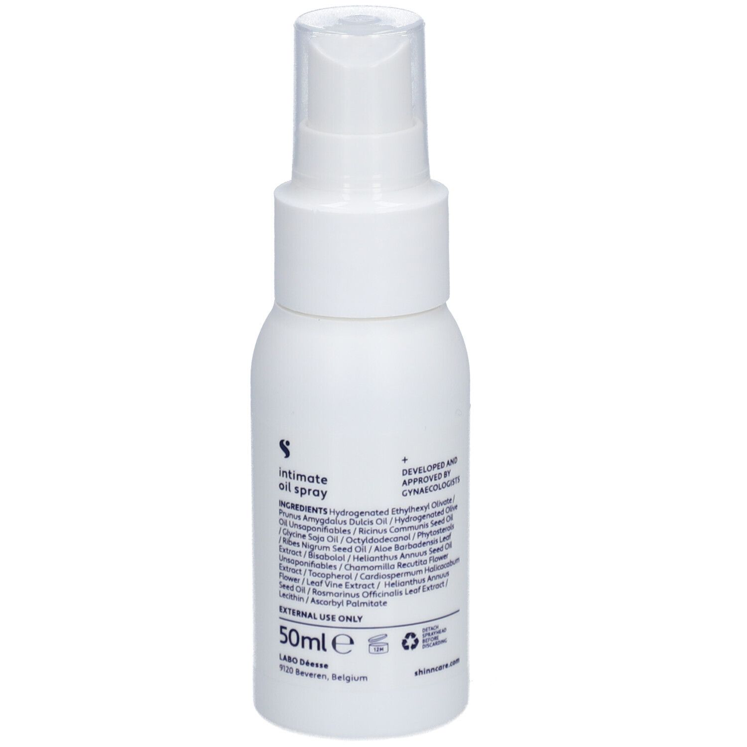 Weiße Sprühflasche mit Text und Inhaltsstoffen. Beschriftung: Shinn Care, Intimate Oil Spray, 50ml, Fragrance Free.