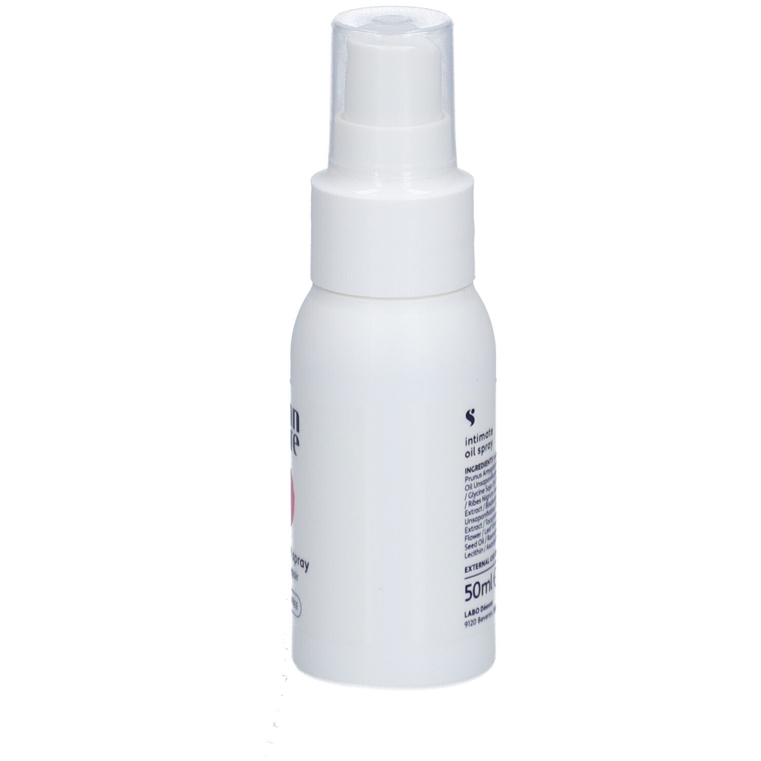 Weiße Sprühflasche mit Text. Beschriftung: Shinn Care, Intimate Oil Spray Protect & Repair, 50ml, Fragrance Free.