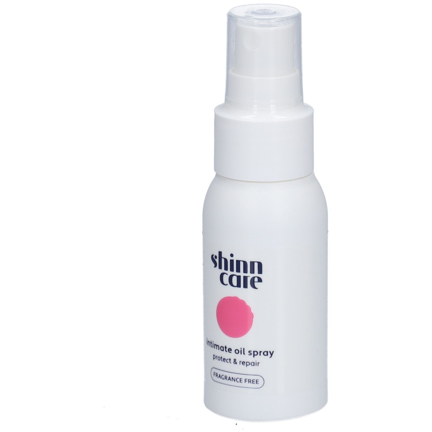 Weiße Sprühflasche mit rosa Kreis und Schriftzug. Beschriftung: Shinn Care, Intimate Oil Spray Protect & Repair, Fragrance Free.