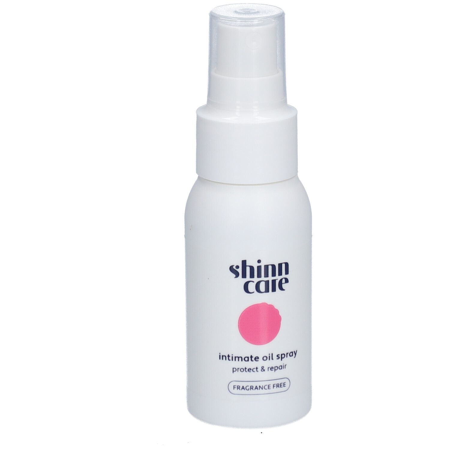 Weiße Sprühflasche mit rosa Kreis und Schriftzug. Beschriftung: Shinn Care, Intimate Oil Spray Protect & Repair, Fragrance Free.