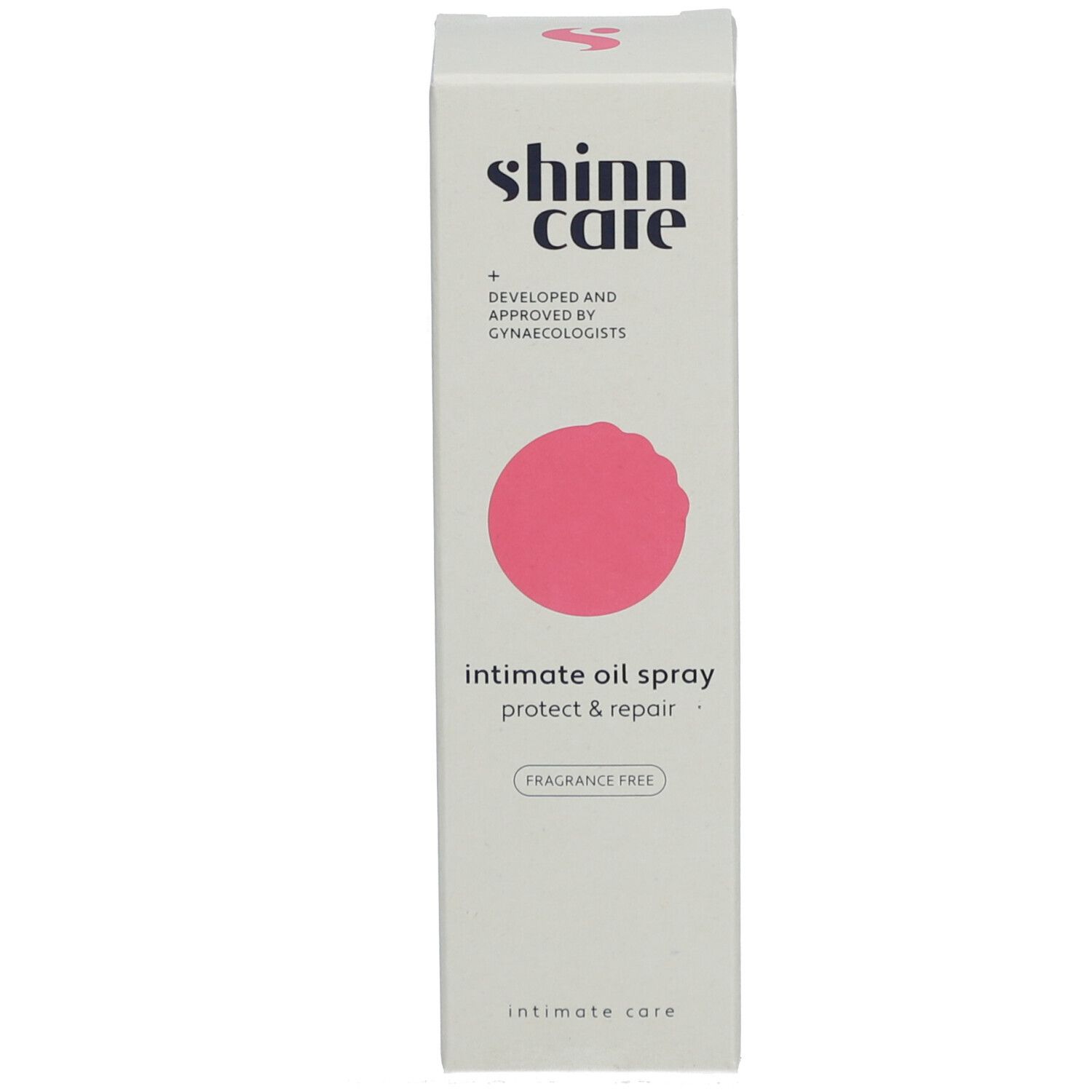 Hohe, weiße Schachtel mit rosa Kreis. Beschriftung: Shinn Care, Intimate Oil Spray Protect & Repair, Intimate Care.