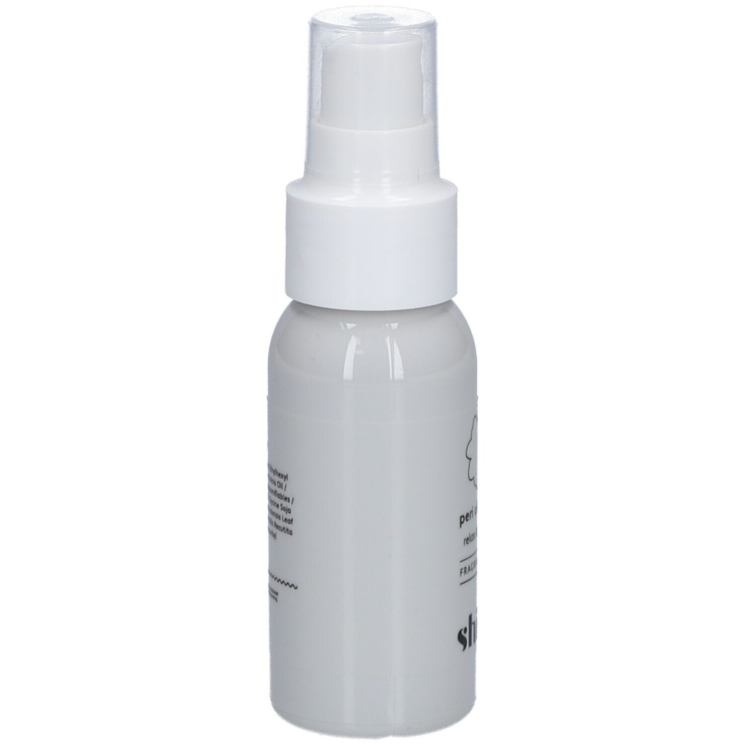Graue Sprühflasche mit weißem Sprühkopf. Aufschrift: peri oil spray, relax & recover, fragrance free, shinn.