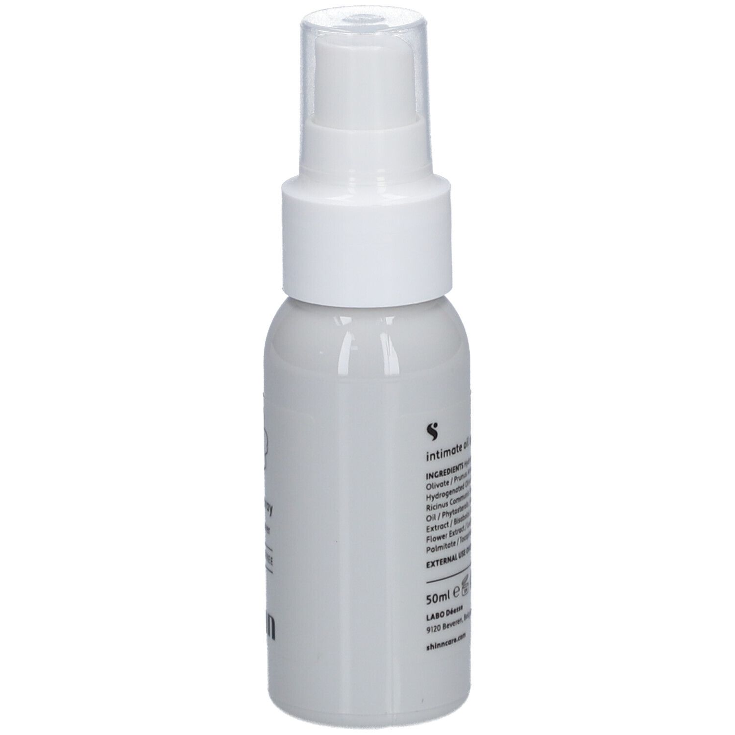Graue Sprühflasche mit weißem Sprühkopf. Aufschrift: Inhaltsstoffe, 50ml, LABO, shinn.