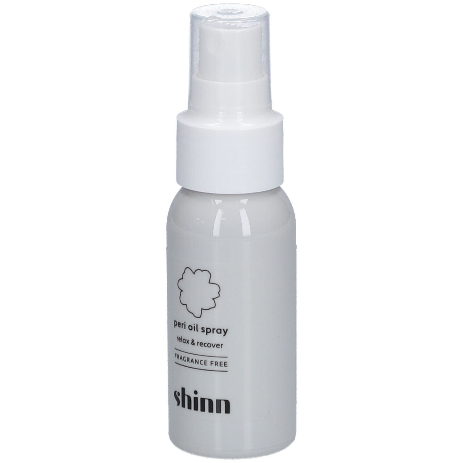 Graue Sprühflasche mit weißem Sprühkopf. Aufschrift: peri oil spray, relax & recover, fragrance free, shinn.