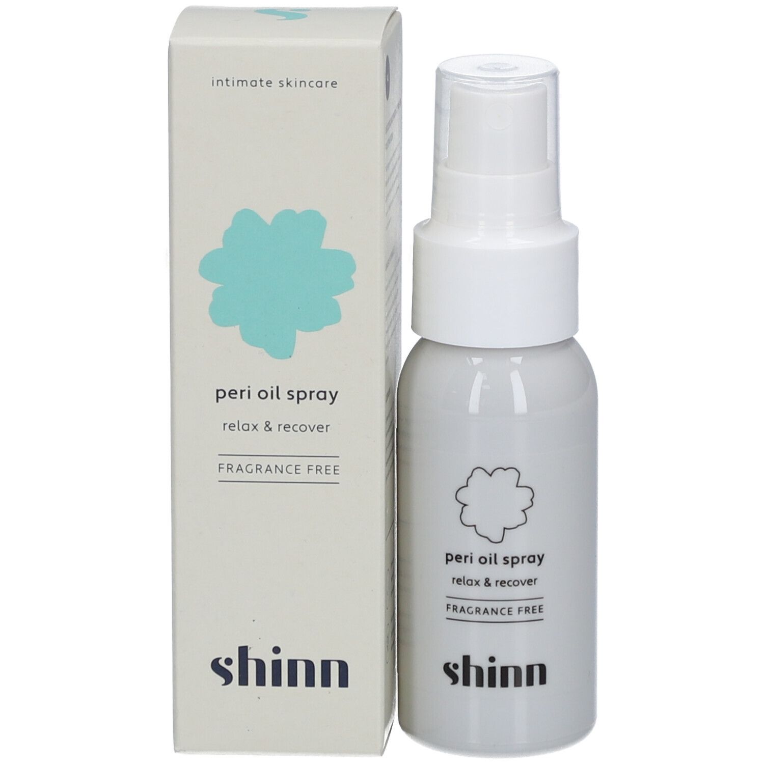 Produkt und Verpackung. Graue Sprühflasche und längliche Schachtel. Aufschrift: peri oil spray, shinn.