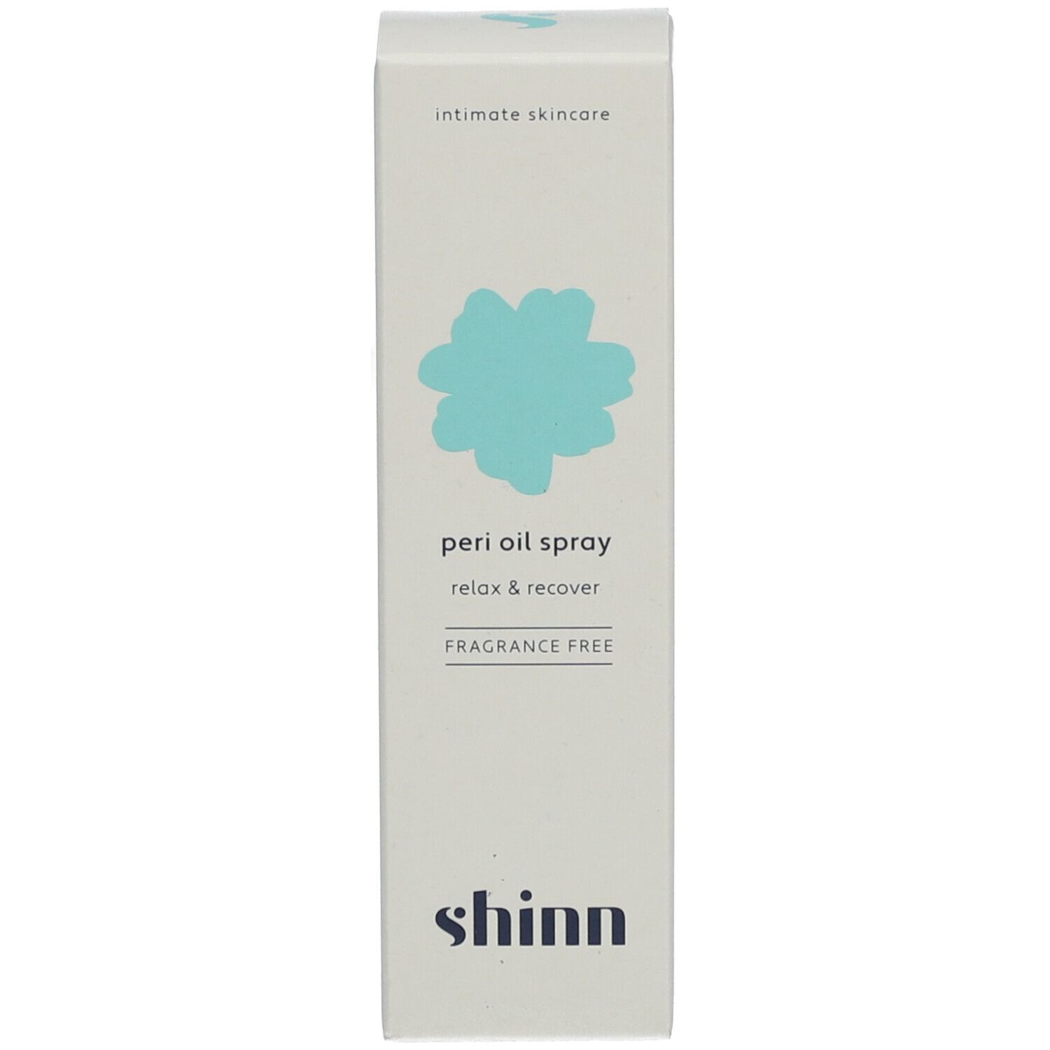 Längliche Schachtel. Aufschrift: peri oil spray, relax & recover, fragrance free, shinn.
