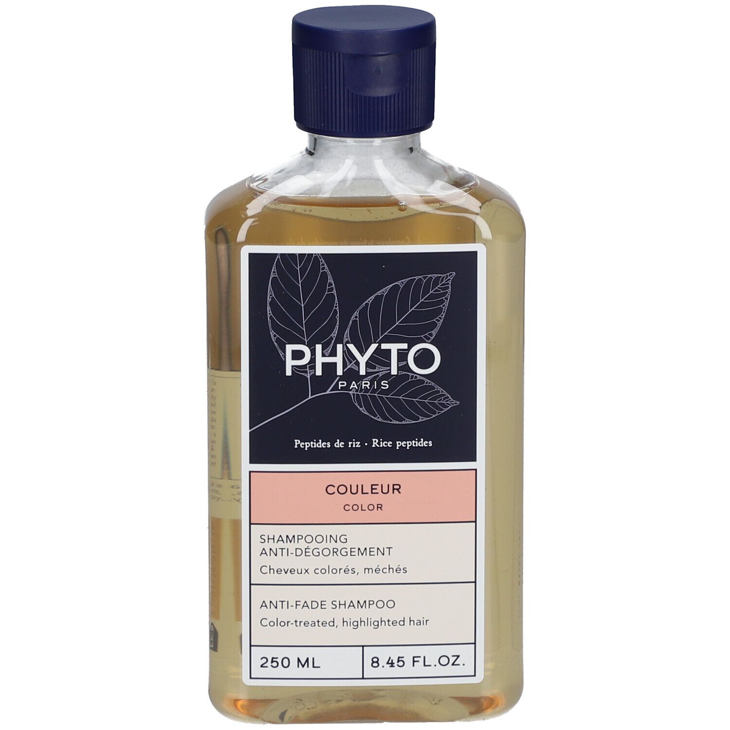 PHYTO shampoo fles. Donkerblauwe dop. Etiket met productinformatie en logo.