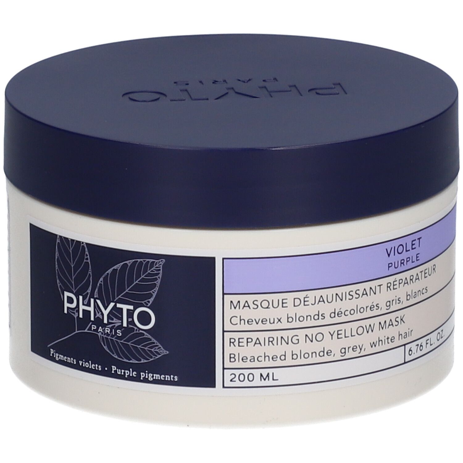 Pot rond avec couvercle bleu. Inscription PHYTO PARIS. Étiquette avec texte: Masque Déjaunissant Réparateur, 200 ml.