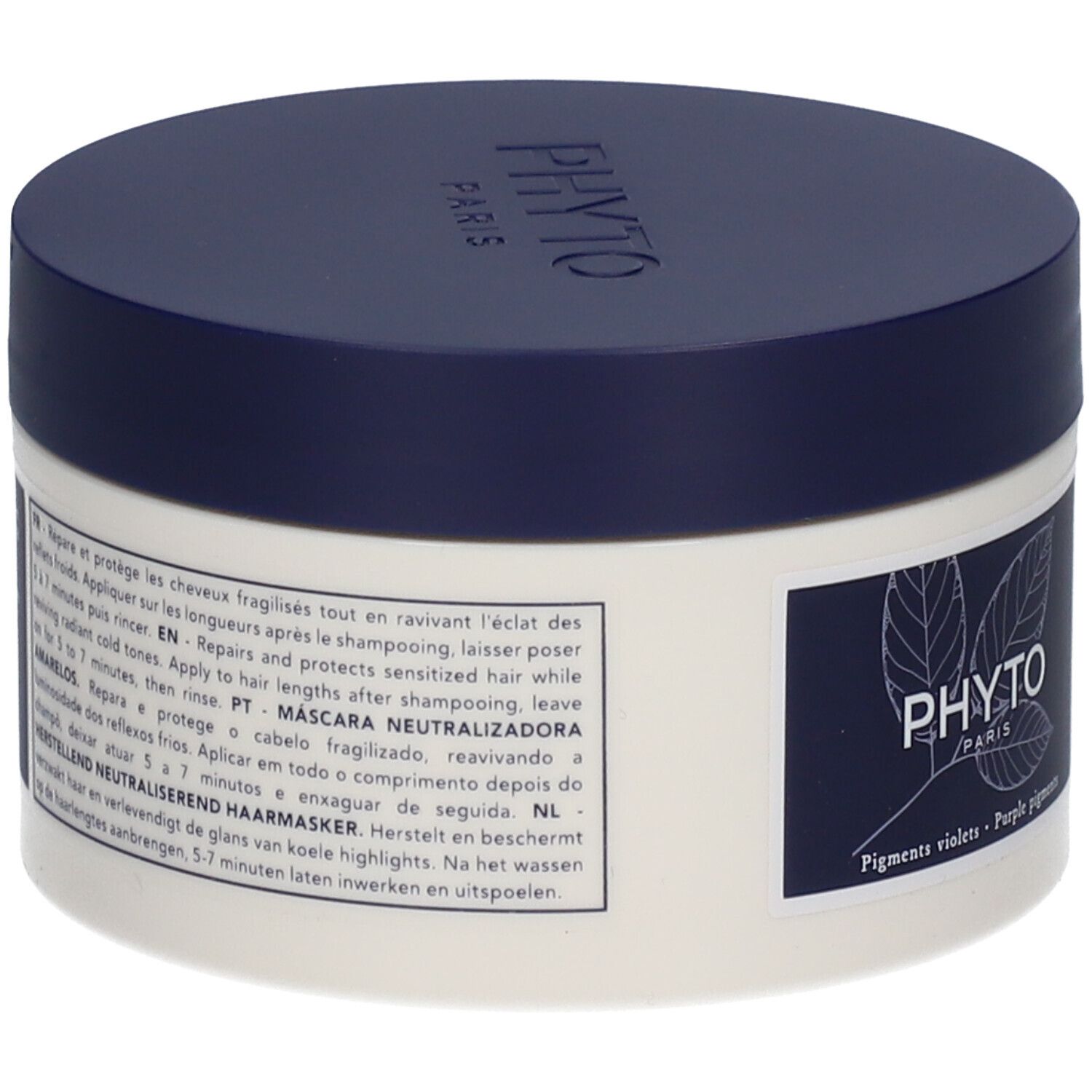 Pot rond avec couvercle bleu. Inscription PHYTO PARIS. Texte sur l'étiquette: Répare et protège les cheveux, 200 ml.