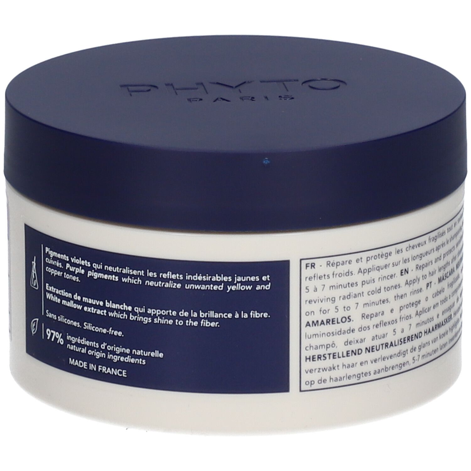 Pot rond avec couvercle bleu. Inscription PHYTO PARIS. Étiquette avec ingrédients et 97% d'origine naturelle.