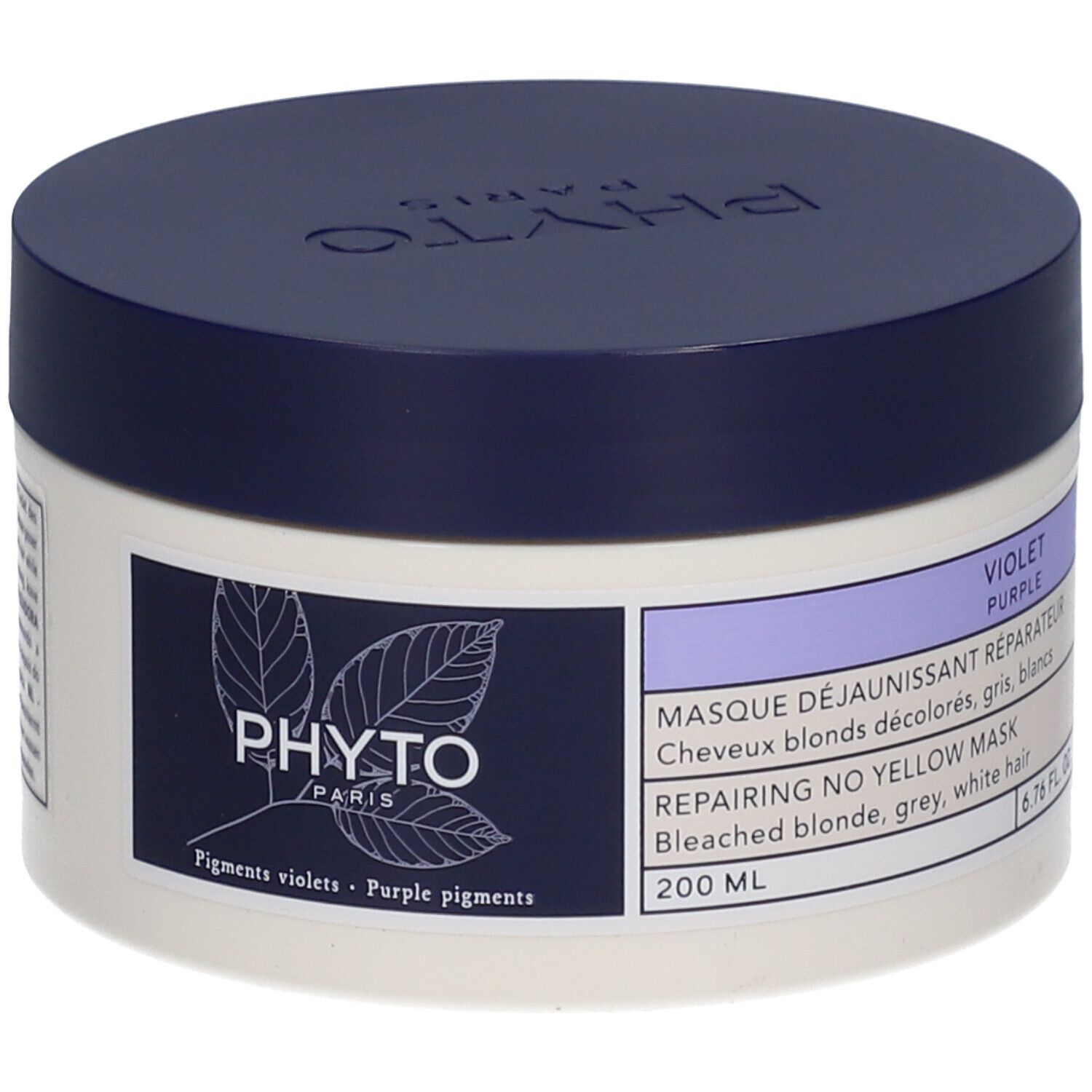 Pot rond avec couvercle bleu. Inscription PHYTO PARIS. Étiquette avec texte: Masque Déjaunissant Réparateur, 200 ml.