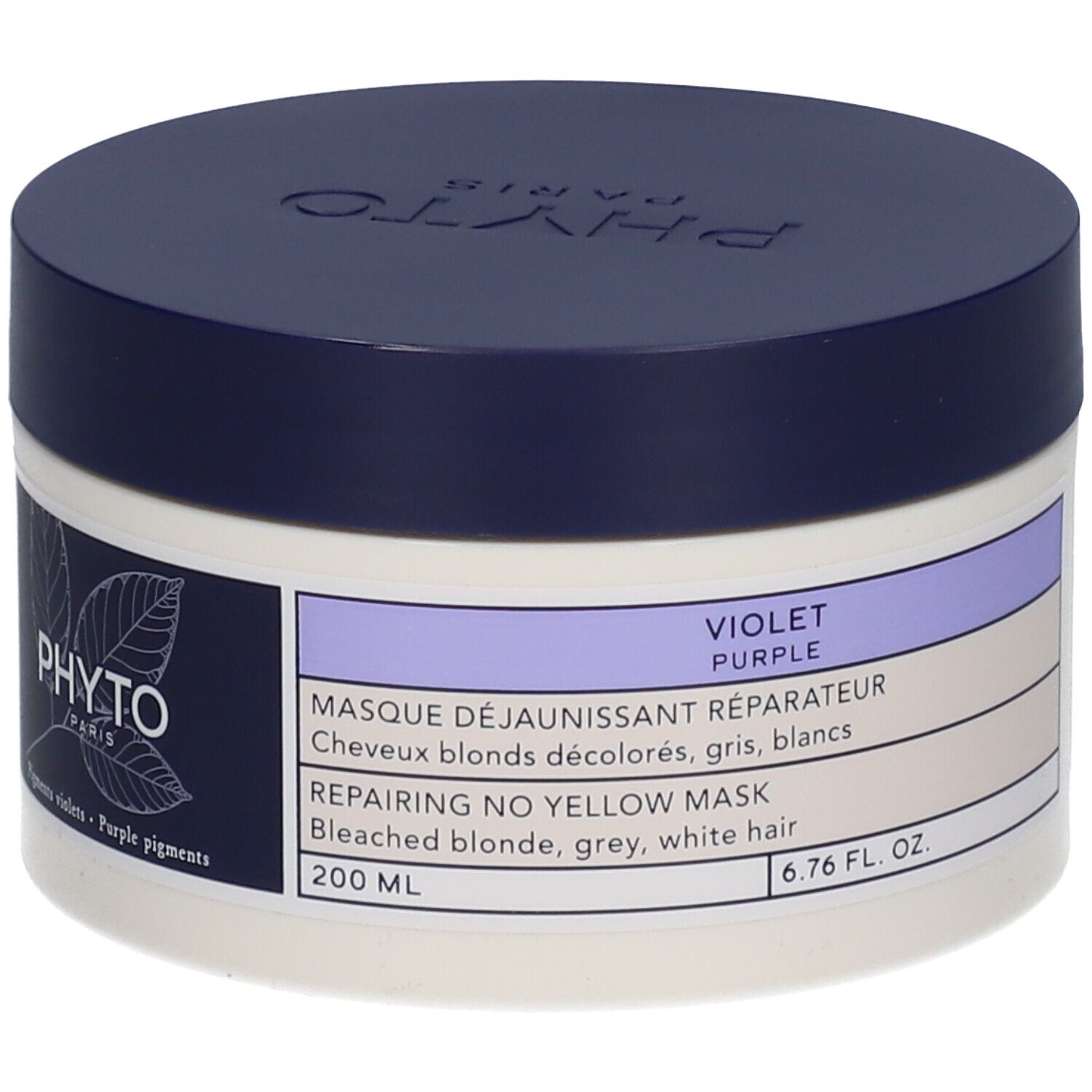 Pot rond avec couvercle bleu. Inscription PHYTO PARIS. Étiquette avec texte: Masque Déjaunissant Réparateur, 200 ml.
