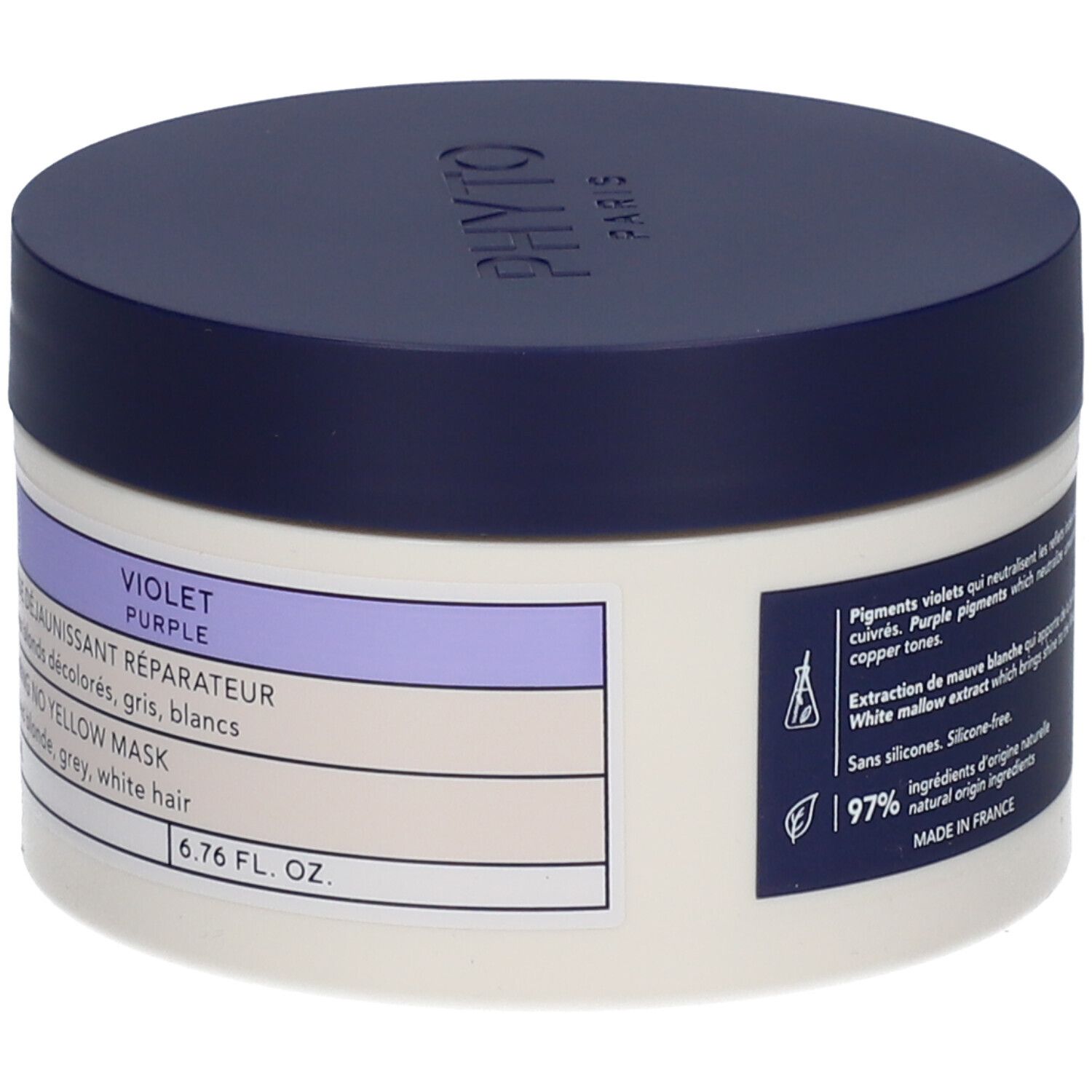 Pot rond avec couvercle bleu. Inscription PHYTO PARIS. Étiquette avec ingrédients et 97% d'origine naturelle.