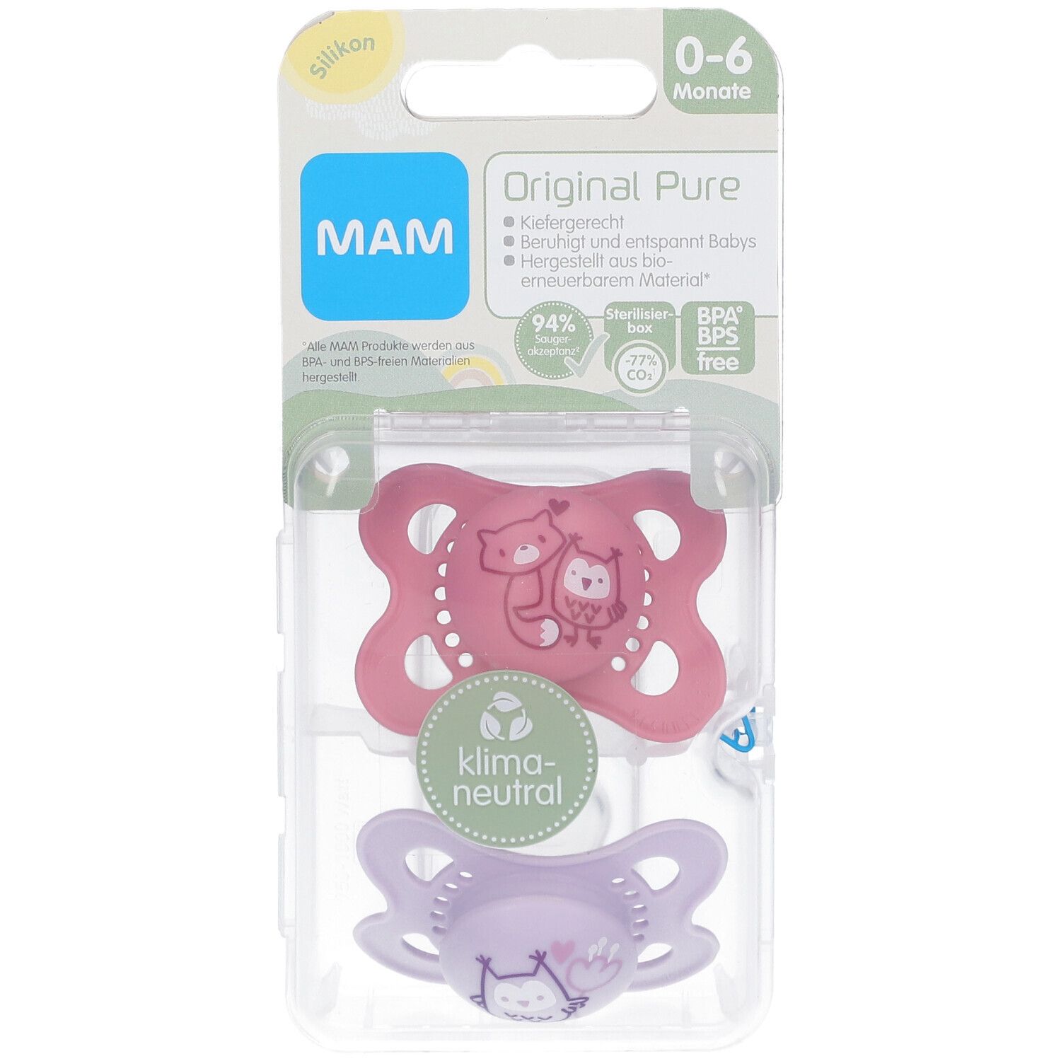 MAM Original Pure Silikonschnuller 0-6 Monate, Fuchs/ Eule