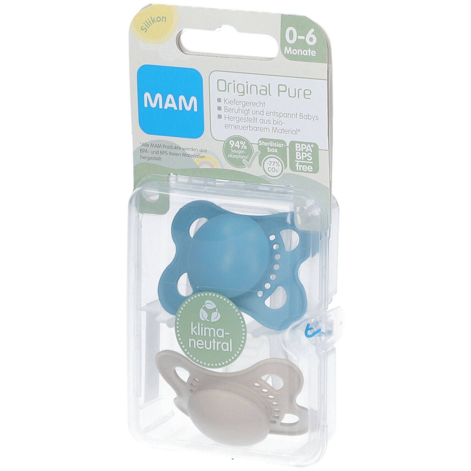 Deux sucettes MAM Original Pure, bleu et écru, 0-6 mois, dans un emballage. Label Klima-neutral.