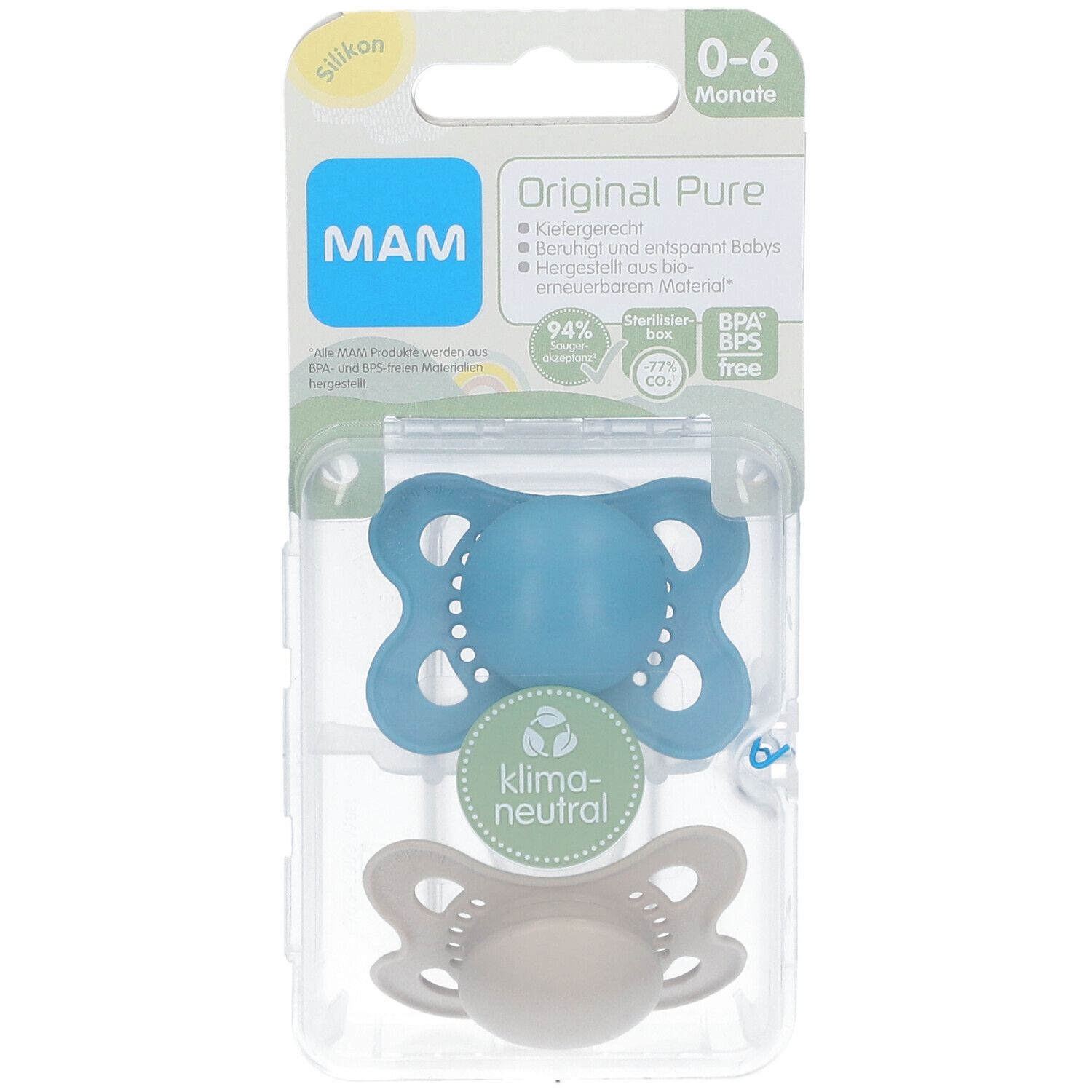 Deux sucettes MAM Original Pure, bleu et écru, 0-6 mois, dans un emballage. Label Klima-neutral.