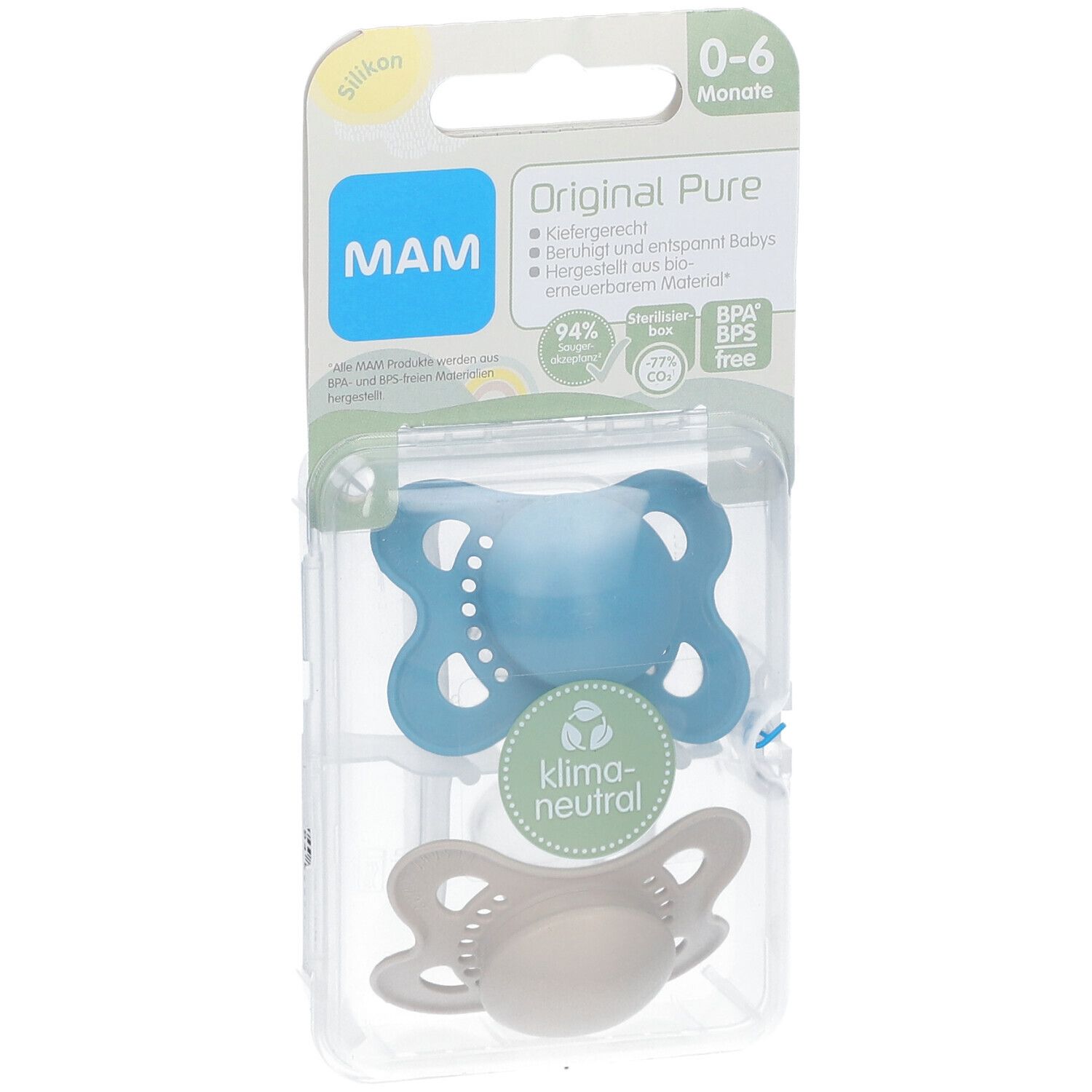Deux sucettes MAM Original Pure, bleu et écru, 0-6 mois, dans un emballage. Label Klima-neutral.