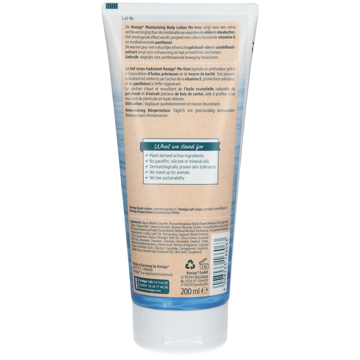 Dos du tube de lotion pour le corps Kneipp Me Time. Informations textuelles, ingrédients et logo. Label "What we stand for".