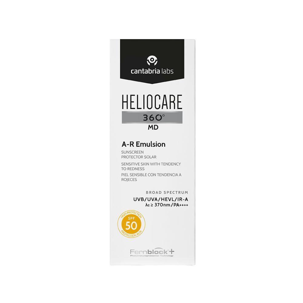 Emballage du produit. Boîte blanche avec couvercle noir. Inscription: Heliocare 360° A-R Emulsion, SPF 50. Marque: Cantabria Labs.