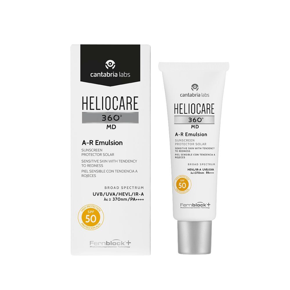 Produit et emballage. Tube blanc et carton. Inscription: Heliocare 360° A-R Emulsion, SPF 50. Marque: Cantabria Labs.