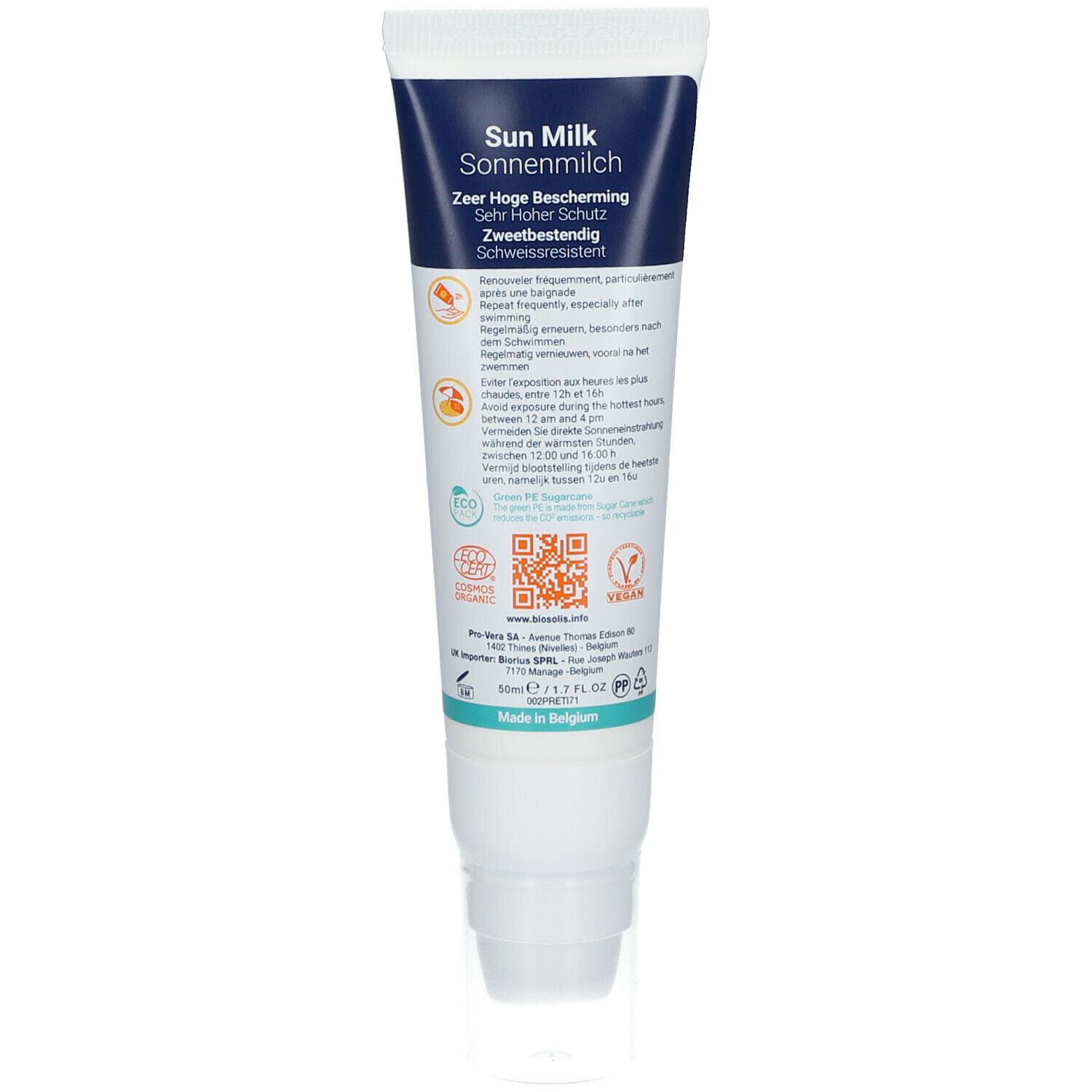 Dos du tube blanc BIOSOLIS Lait Solaire. Texte multilingue. Contient des informations sur l'utilisation et les ingrédients.