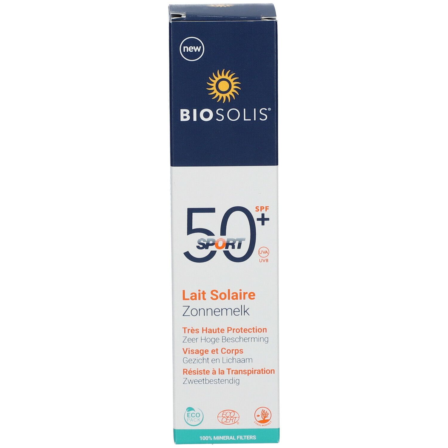 Emballage de BIOSOLIS Lait Solaire Sport SPF50+. Boîte blanche avec couvercle bleu. Contient des informations sur le produit.