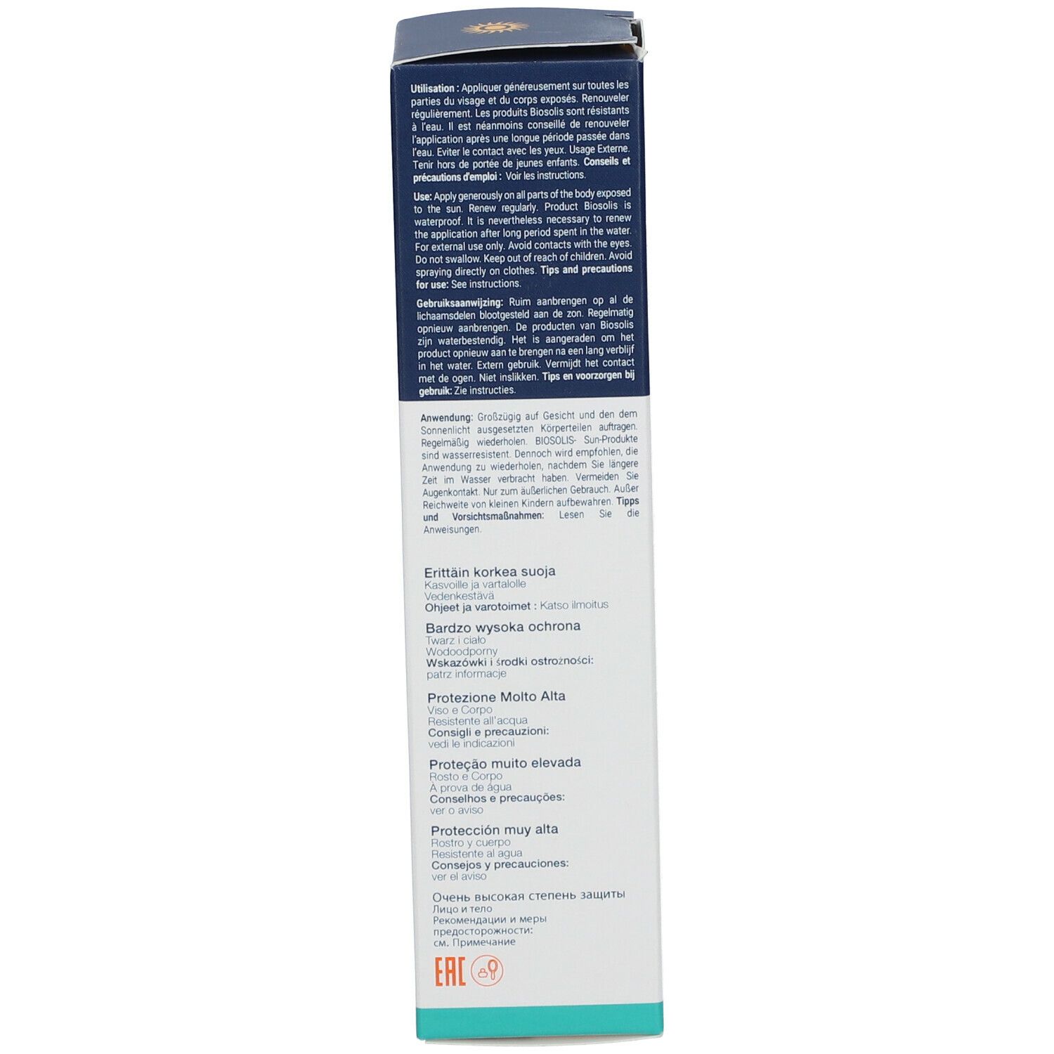 Côté de l'emballage de BIOSOLIS Lait Solaire. Texte multilingue. Contient des instructions d'utilisation et des précautions.