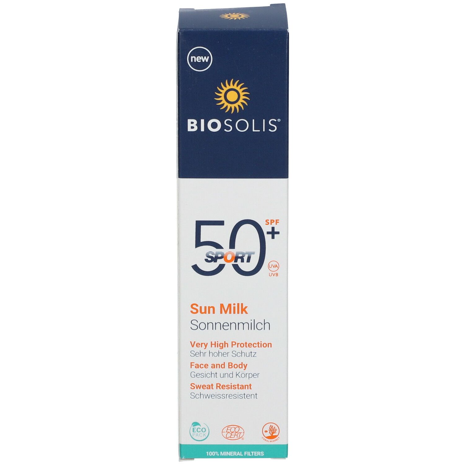 Emballage de BIOSOLIS Lait Solaire Sport SPF50+. Boîte blanche avec couvercle bleu. Contient des informations sur le produit.
