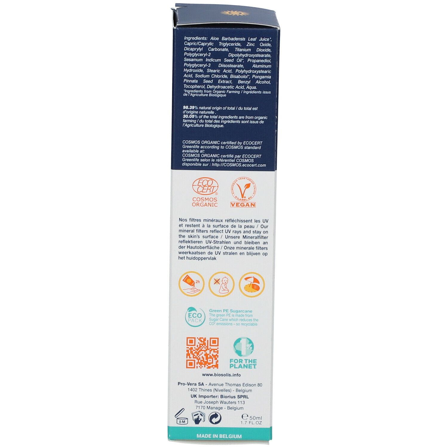 Dos de l'emballage BIOSOLIS Lait Solaire. Contient ingrédients, certifications et coordonnées.