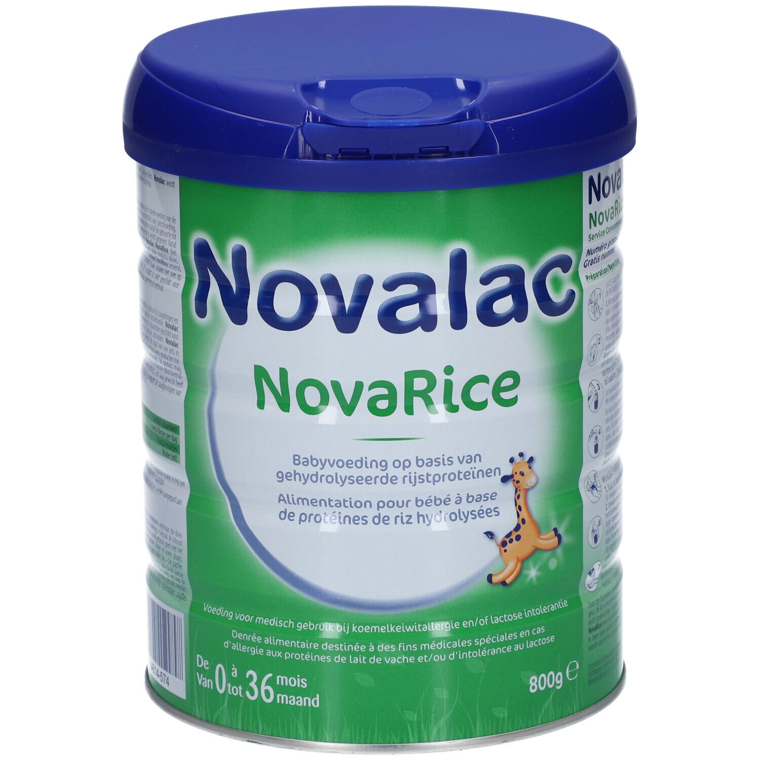 Grüne Dose mit blauem Deckel. Aufschrift Novalac NovaRice. Baby-Nahrung mit hydrolysierten Reisproteinen. Mit Giraffen-Illustration.