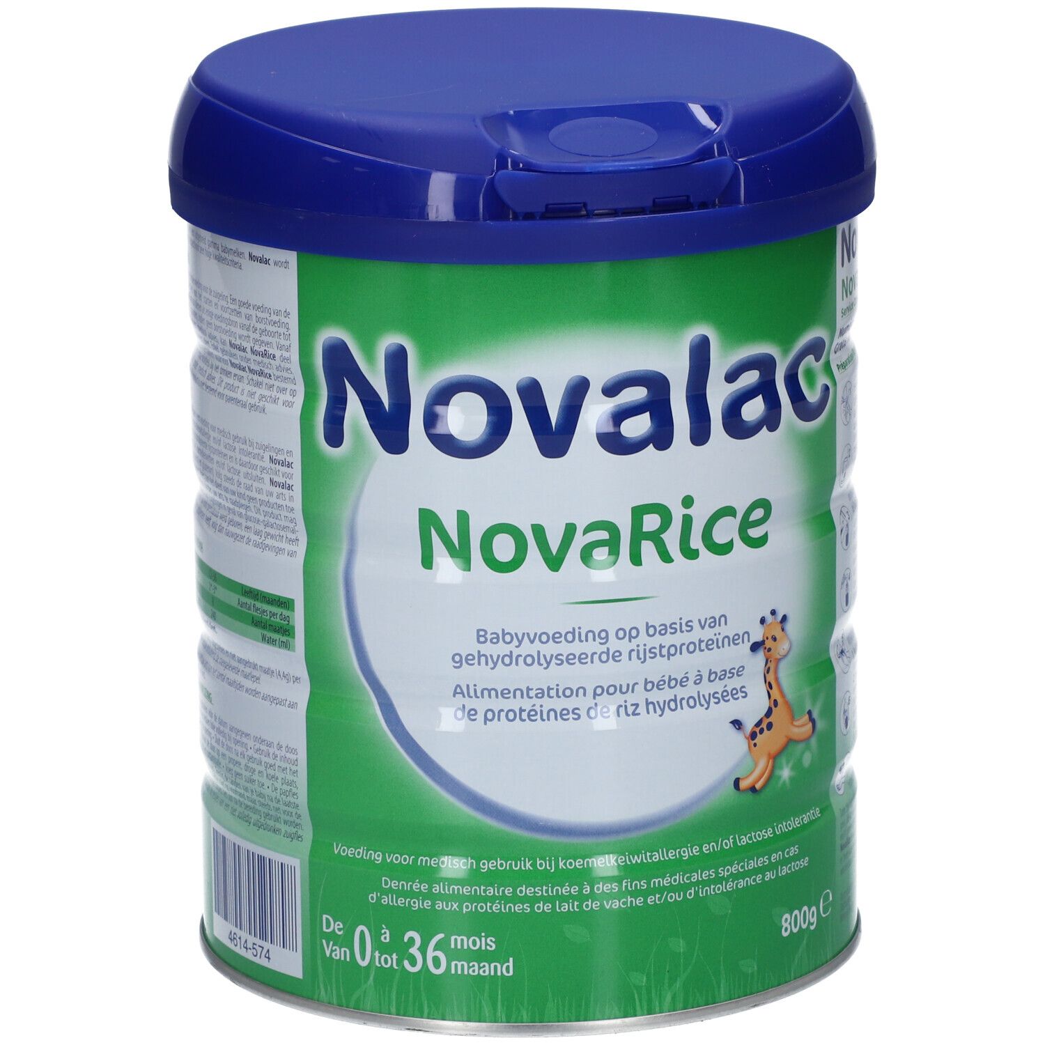 Grüne Dose mit blauem Deckel. Aufschrift Novalac NovaRice. Baby-Nahrung mit hydrolysierten Reisproteinen. Mit Giraffen-Illustration.