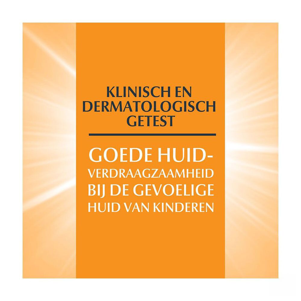 Tekst: Klinisch en dermatologisch getest. Goede huidverdraagzaamheid bij de gevoelige huid van kinderen.