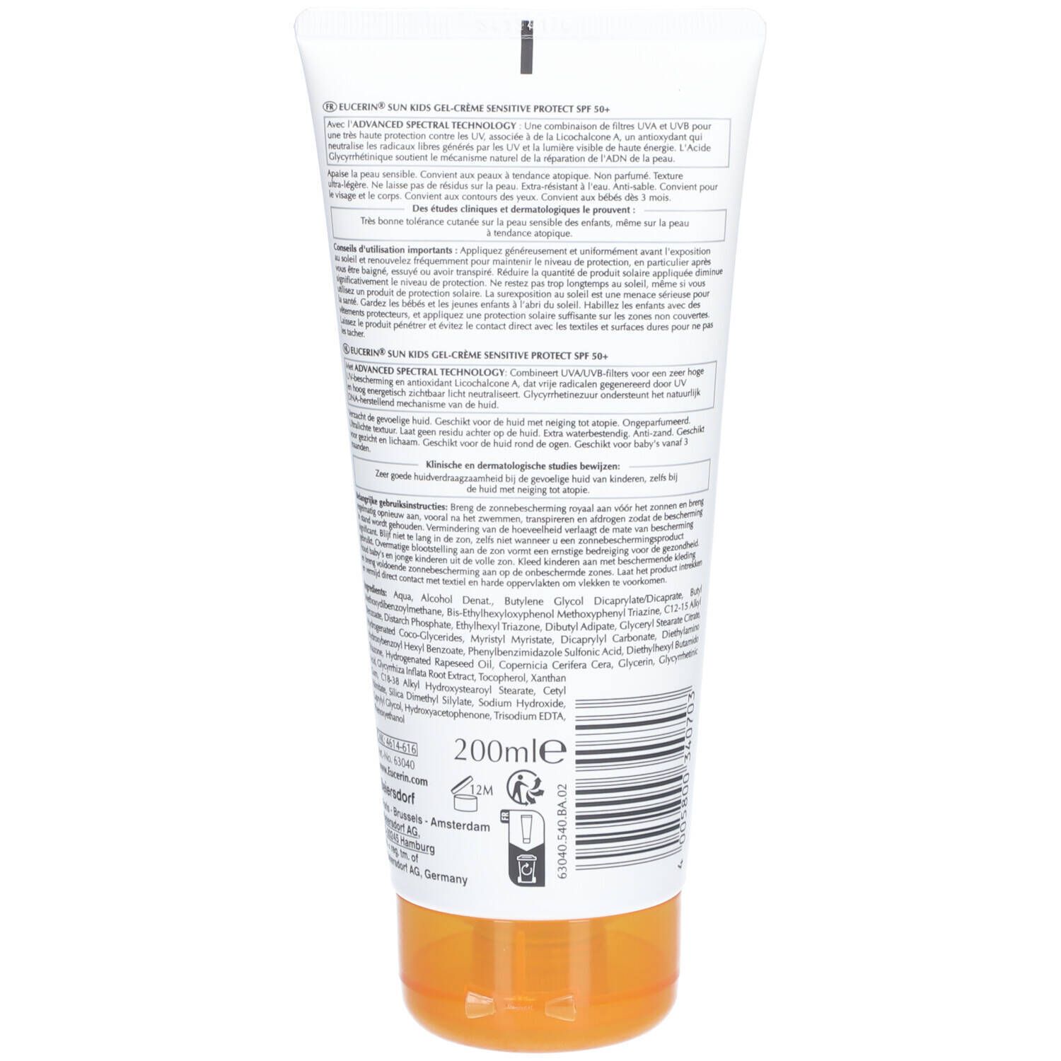 Dos du tube de crème solaire. Texte en plusieurs langues. Ingrédients, instructions d'utilisation.