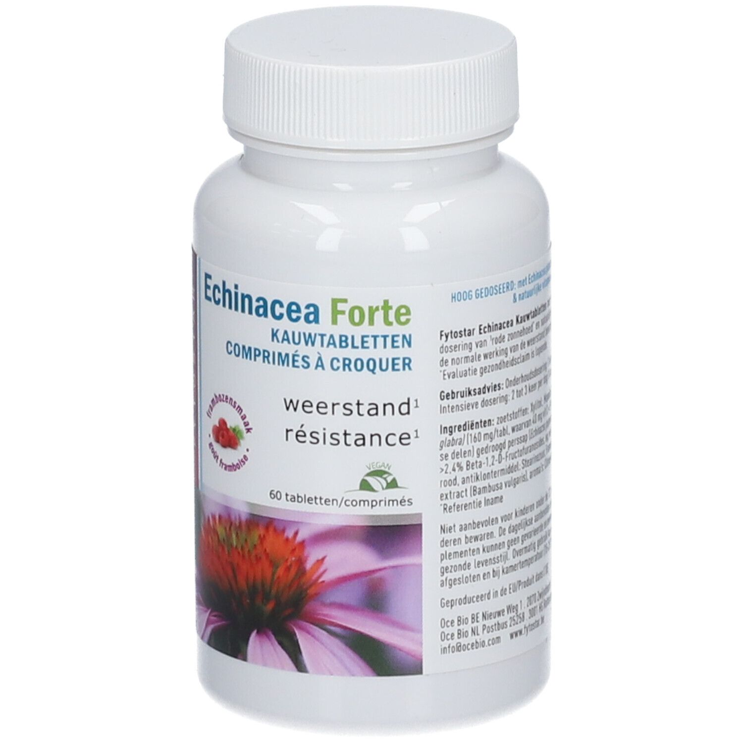 Witte tablettenfles met opschrift: Echinacea Forte, 60 tabletten. Illustratie van een bloem.