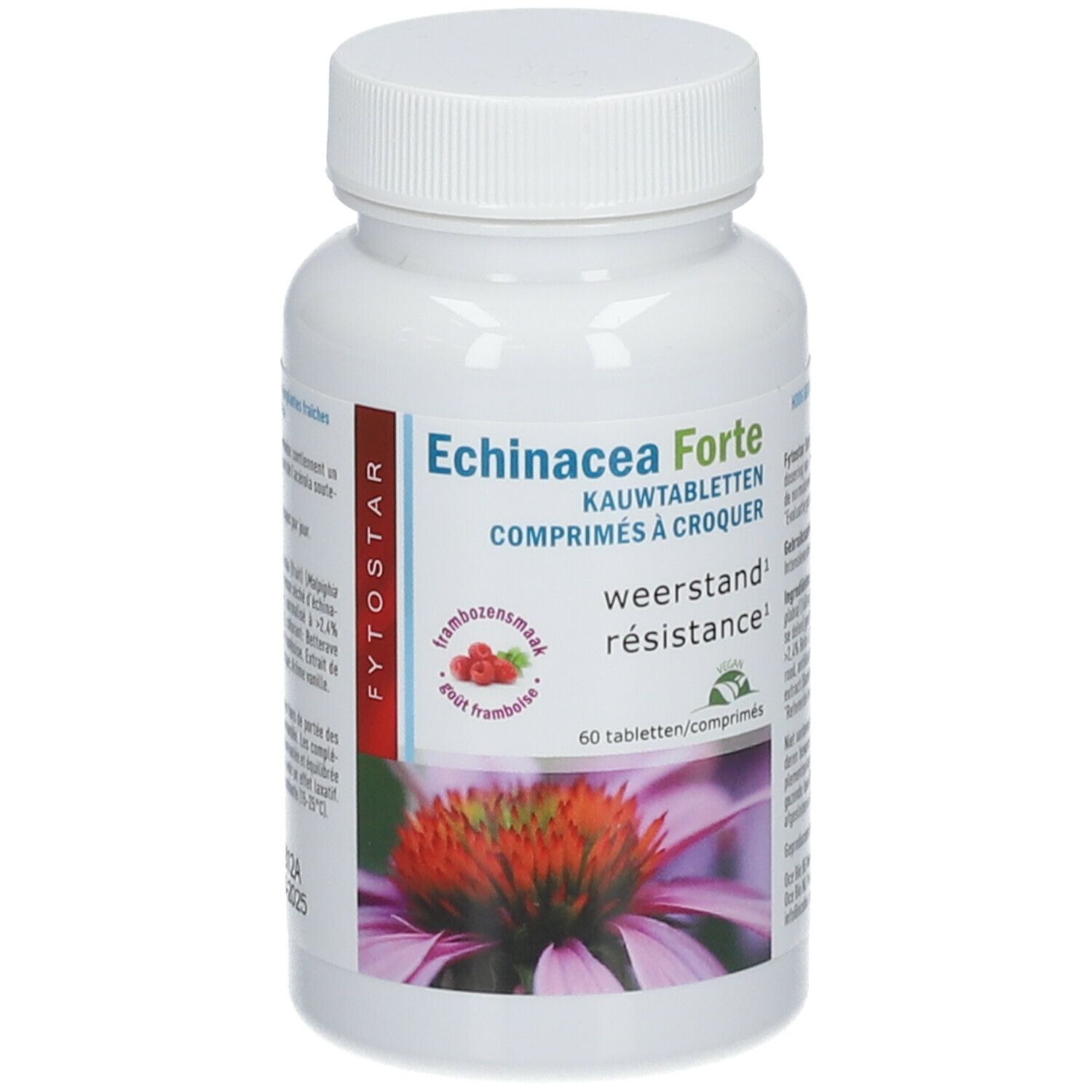 Witte tablettenfles met opschrift: Echinacea Forte, 60 tabletten. Illustratie van een bloem.