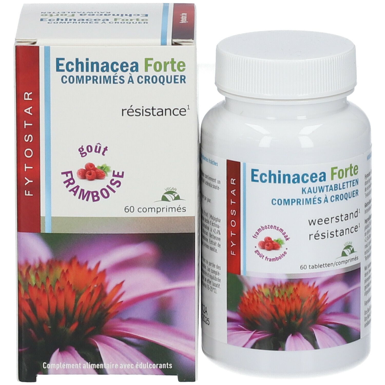 Witte tablettenfles en doos. Opschrift: Echinacea Forte, 60 tabletten. Illustratie van een bloem.