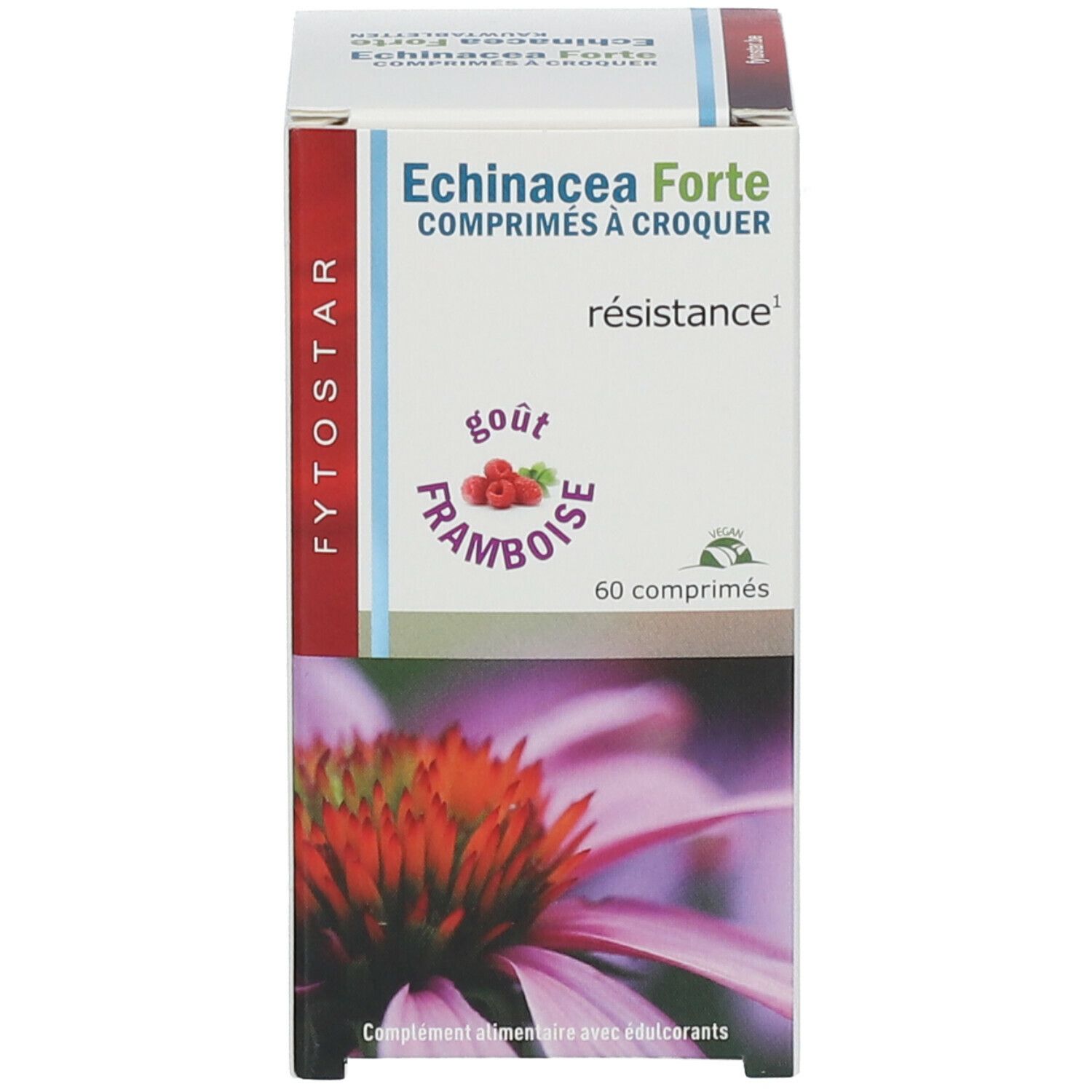 Doos met opschrift: Echinacea Forte, 60 tabletten. Illustratie van een bloem.