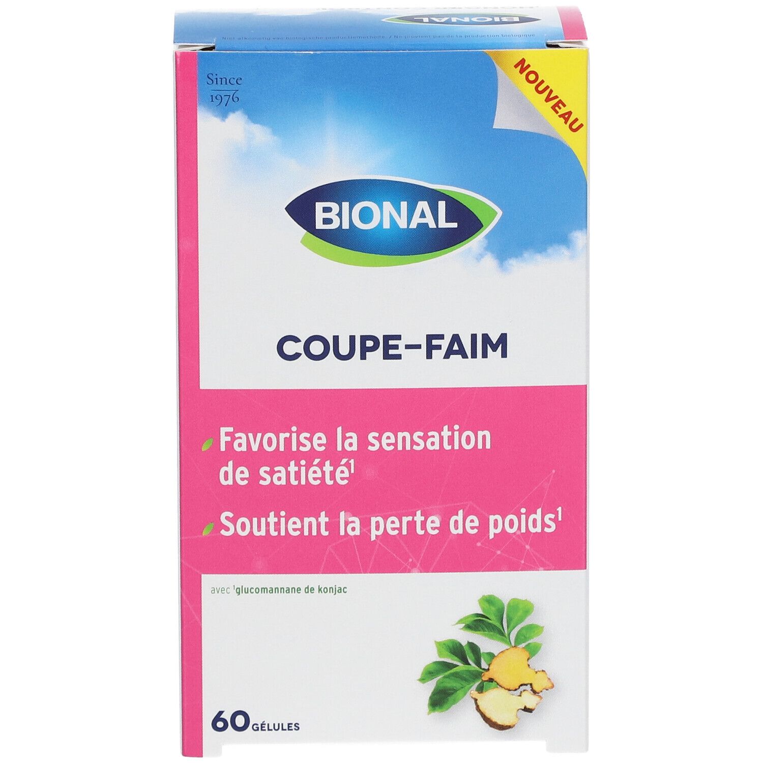 Boîte BIONAL "Coupe-Faim". 60 gélules. Emballage blanc et rose avec informations produit et logo.
