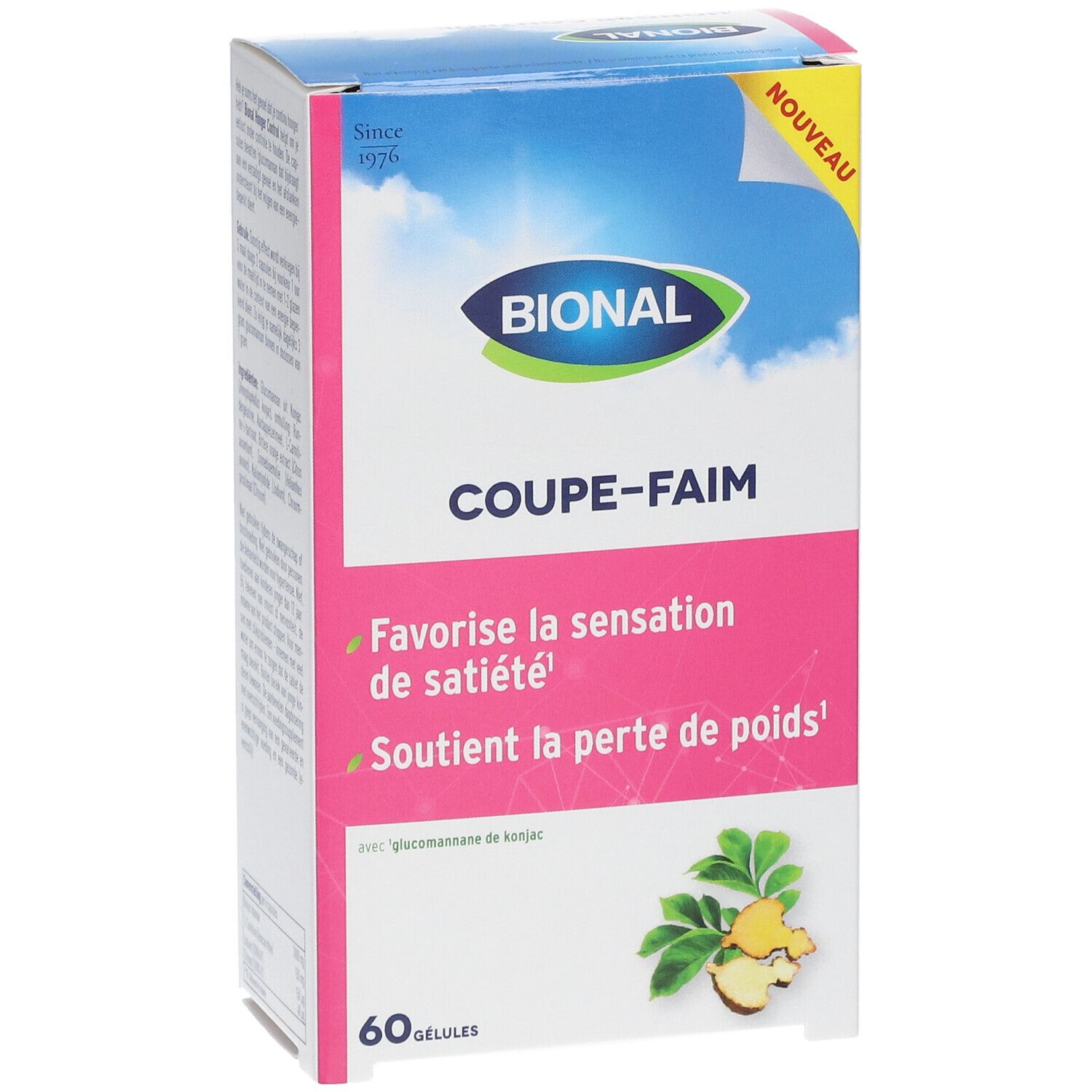 Boîte BIONAL "Coupe-Faim". 60 gélules. Emballage blanc et rose avec informations produit et logo.