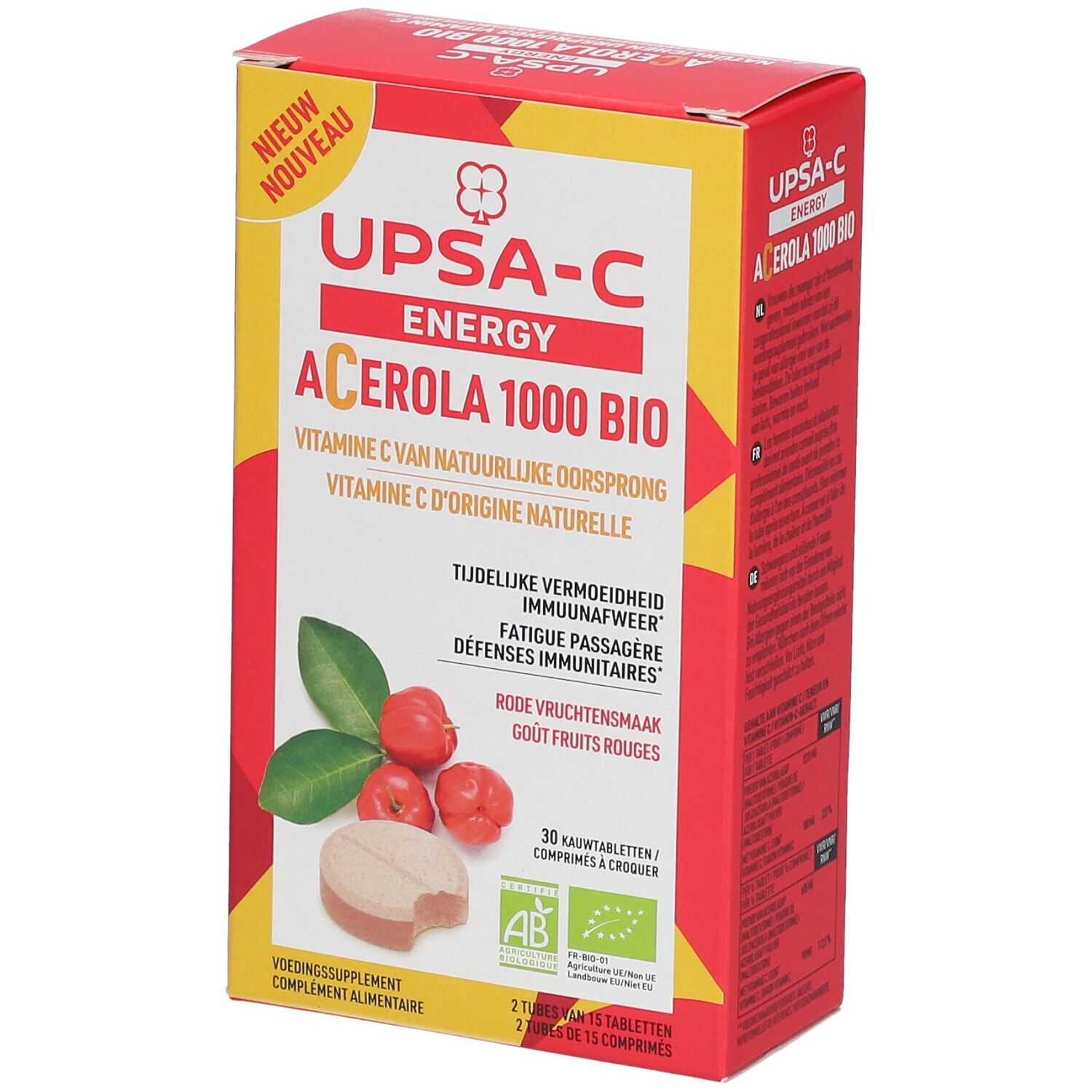 Rote und gelbe Schachtel mit Produktnamen und Acerola-Abbildung. Enthält 30 Kautabletten. Bio-Zertifizierung.