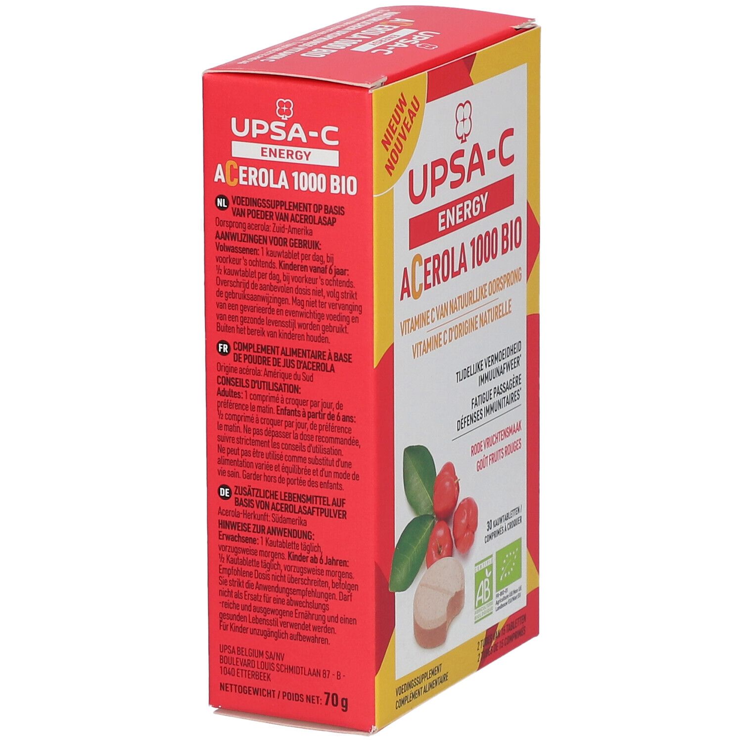 Rote und gelbe Schachtel, Seitenansicht. Produktname und Informationen. Enthält 30 Kautabletten. Bio-Zertifizierung.